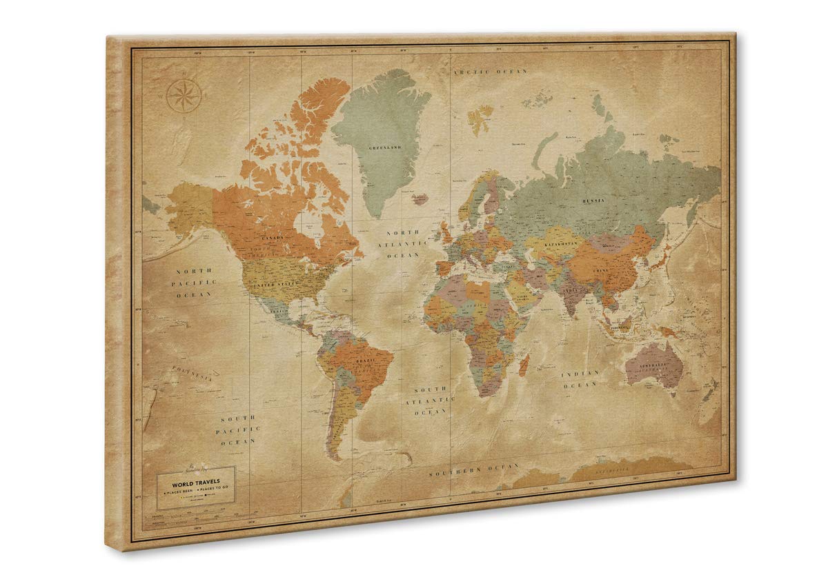 Vintage World Map Wall Art for Travel Tracking - 32 x 24 Canvas World Map with Push Pins | Detailed Travel Map for Adventure Lovers | Perfect for Home Office Decor & Travel Inspiration