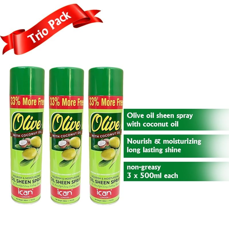London Olive Oil & Coconut Oil Moisturizing Sheen Spray - 3 Pack (500ml Each) for Hair Hydration & Shine - Perfect for Dry, Damaged Hair & Daily Styling