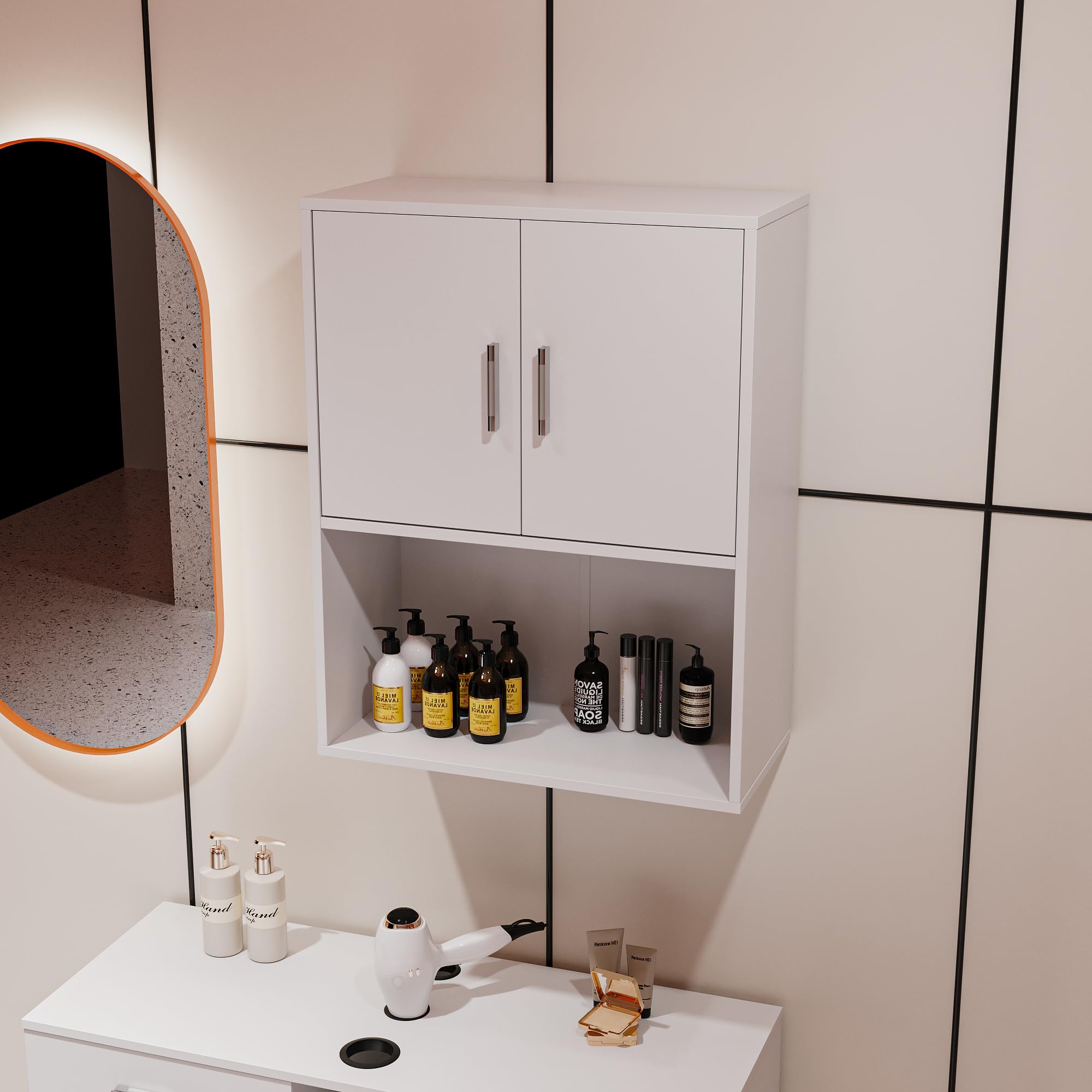 AMNOOL Wall Mounted Shampoo Table Storage Cabinet for Salon & Spa - 2 Shelves & 1 Closed Cabinet - White - Professional Beauty Equipment for Barber Shops, Hair Salons, Makeup Studios (Perfect for Small Spaces & Salon Organization)