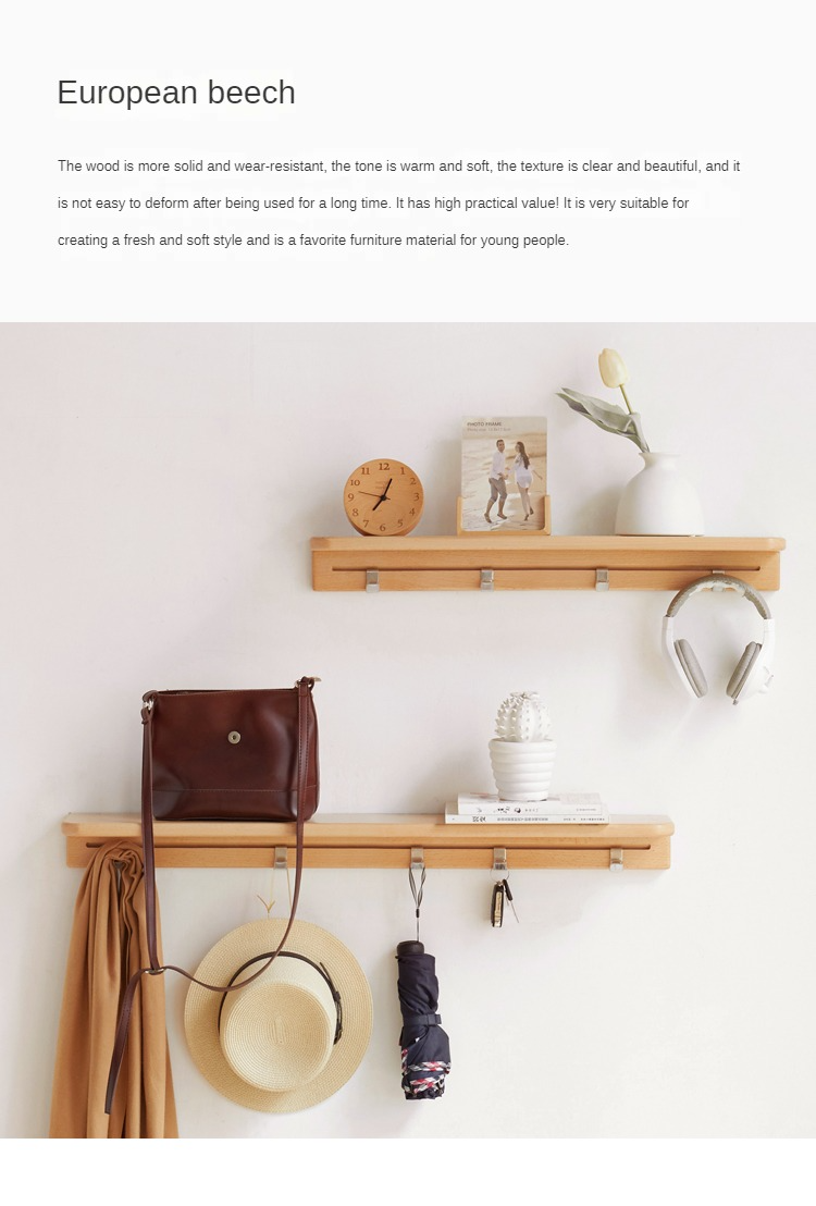 Solid Beech Wood Wall Shelf with Hooks - Rustic Floating Shelf for Kitchen, Bathroom, or Living Room Storage & Decor