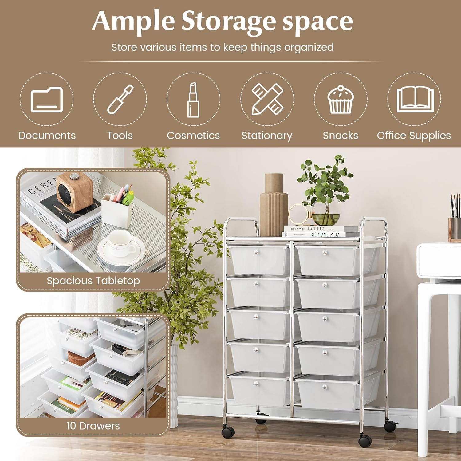 LDAILY 10-Drawer Rolling Storage Cart Organizer with Wheels | Metal Frame & Large Capacity | Mobile Utility Cart for Living Room, Classroom, Office Organization | Perfect for Craft Supplies, School Materials & Office Essentials (Clear)