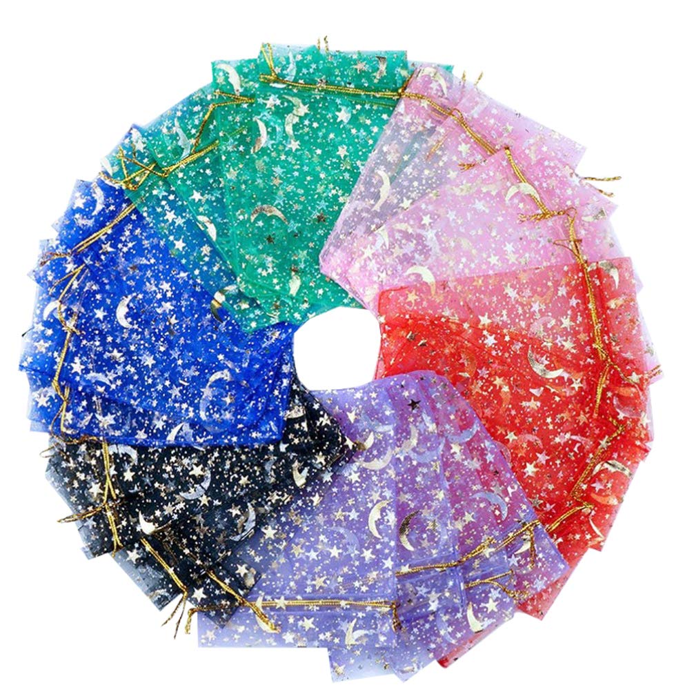 EXCEART 120pcs Organza Drawstring Bags - Wedding Favors, Party Gift Pouches with Star Moon Pattern for Jewelry, Christmas, Birthday (Mixed Colors) | Perfect for Bridal Showers, Baby Showers & DIY Crafts