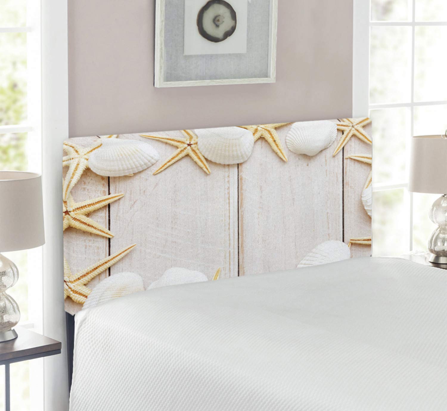 Ambesonne Seashell Upholstered Headboard - Nautical Themed Bed Frame with Starfish Decor, Solid Wood Backing & Memory Foam Padding, Twin Size Cream Beige Bedroom Accent - Perfect for Coastal, Beach House or Nautical Theme Bedrooms