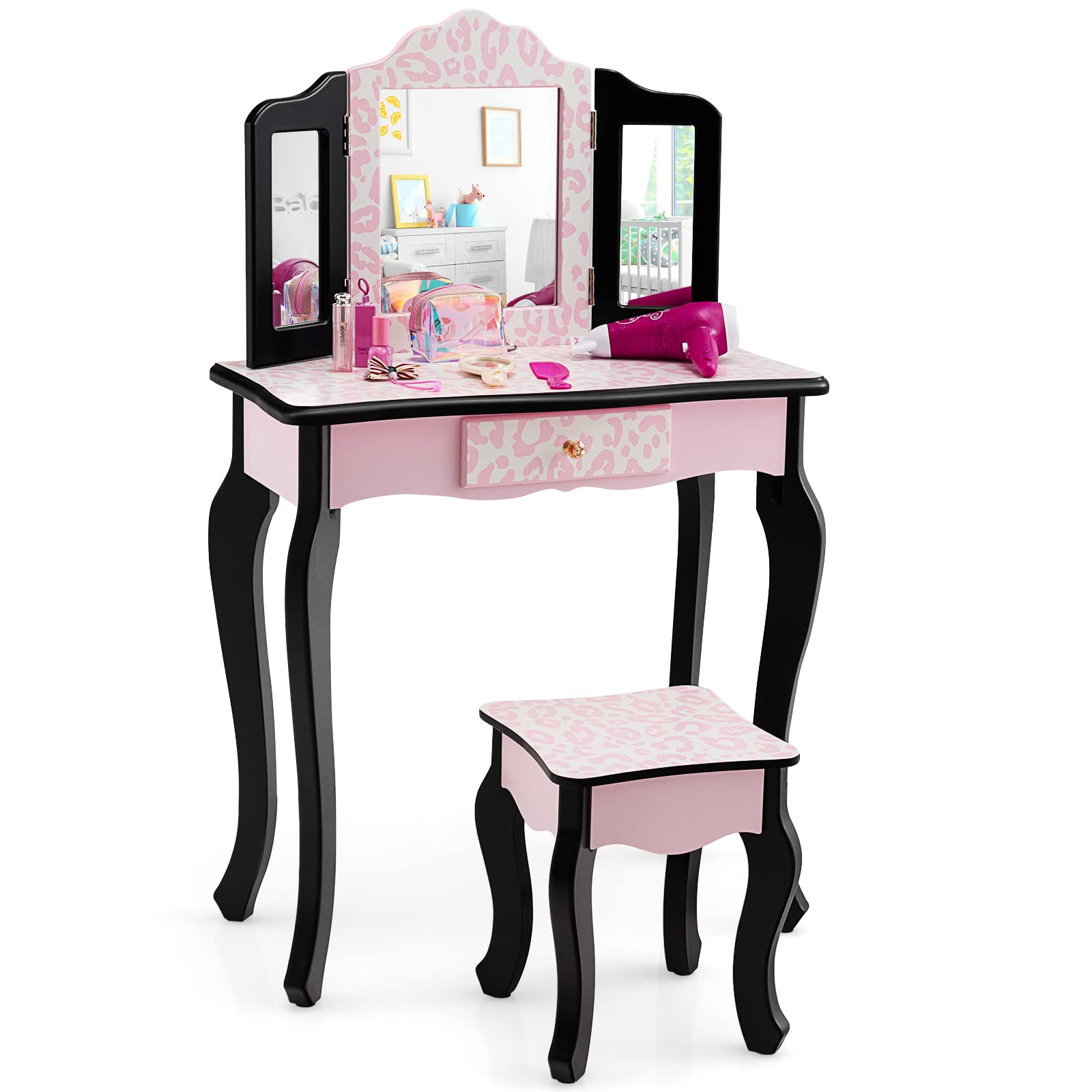 Honey Joy Kids Vanity Set with Mirror & Stool - Pink Leopard for Girls Bedroom