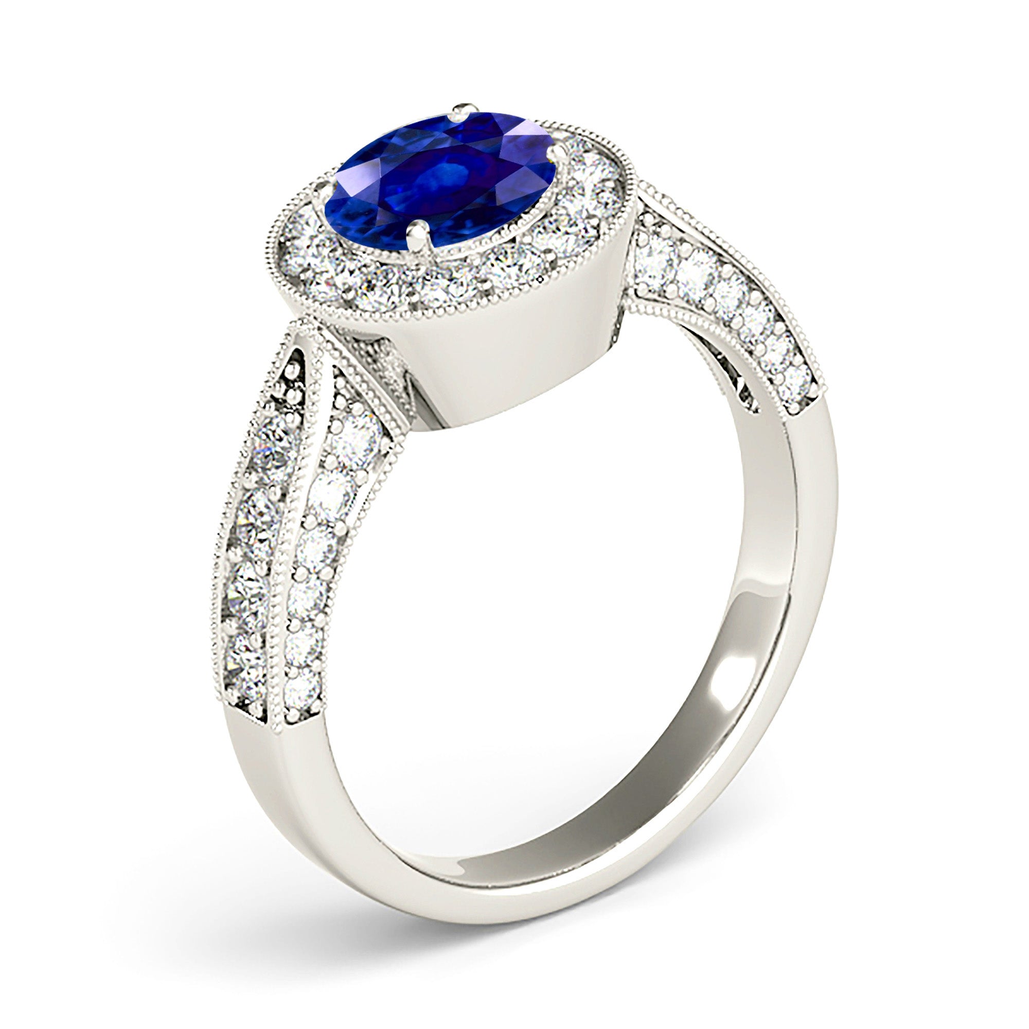 1.35 Carat Genuine Blue Sapphire Milgrain Halo Ring - Elegant Engagement, Wedding, or Anniversary Jewelry Gift for Her