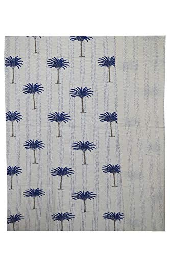 Handmade Indian Cotton Kantha Quilt - Reversible Blue Palm Tree Handblock Print Throw Blanket (90x60 Inch/220x152 Cm) | Traditional Patchwork Stitched Bedspread for Twin Bed | Perfect for Cozy Bedroom Decor, Guest Room & Boho Chic Home Styling