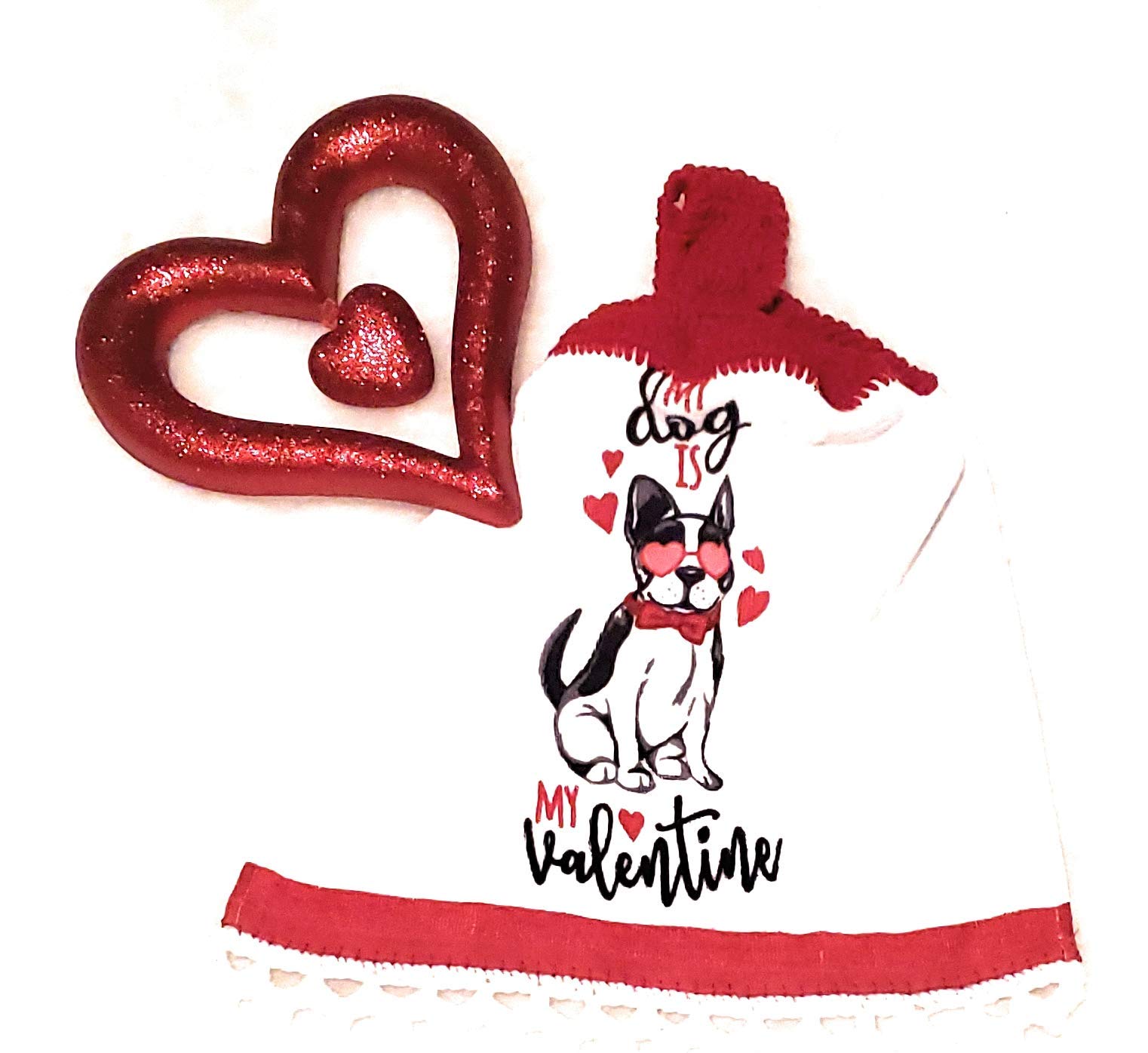 Valentine's Day Crochet Top Hanging Kitchen Towel - Decorative Embroidered Bottom Trim - Cute Dog Lover Valentine Gift - Perfect for Kitchen Decor & Valentine's Day Home Decor