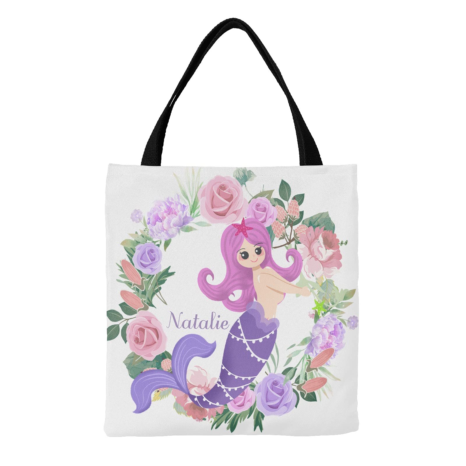 Personalized Mermaid Purple Rose Wreath Canvas Tote Bag - Eco-Friendly Reusable Shopping Bag for Women, Travel, School & Beach - 14.17x14.57 Inch Handmade Gift (Perfect for Groceries, Books & Daily Essentials)