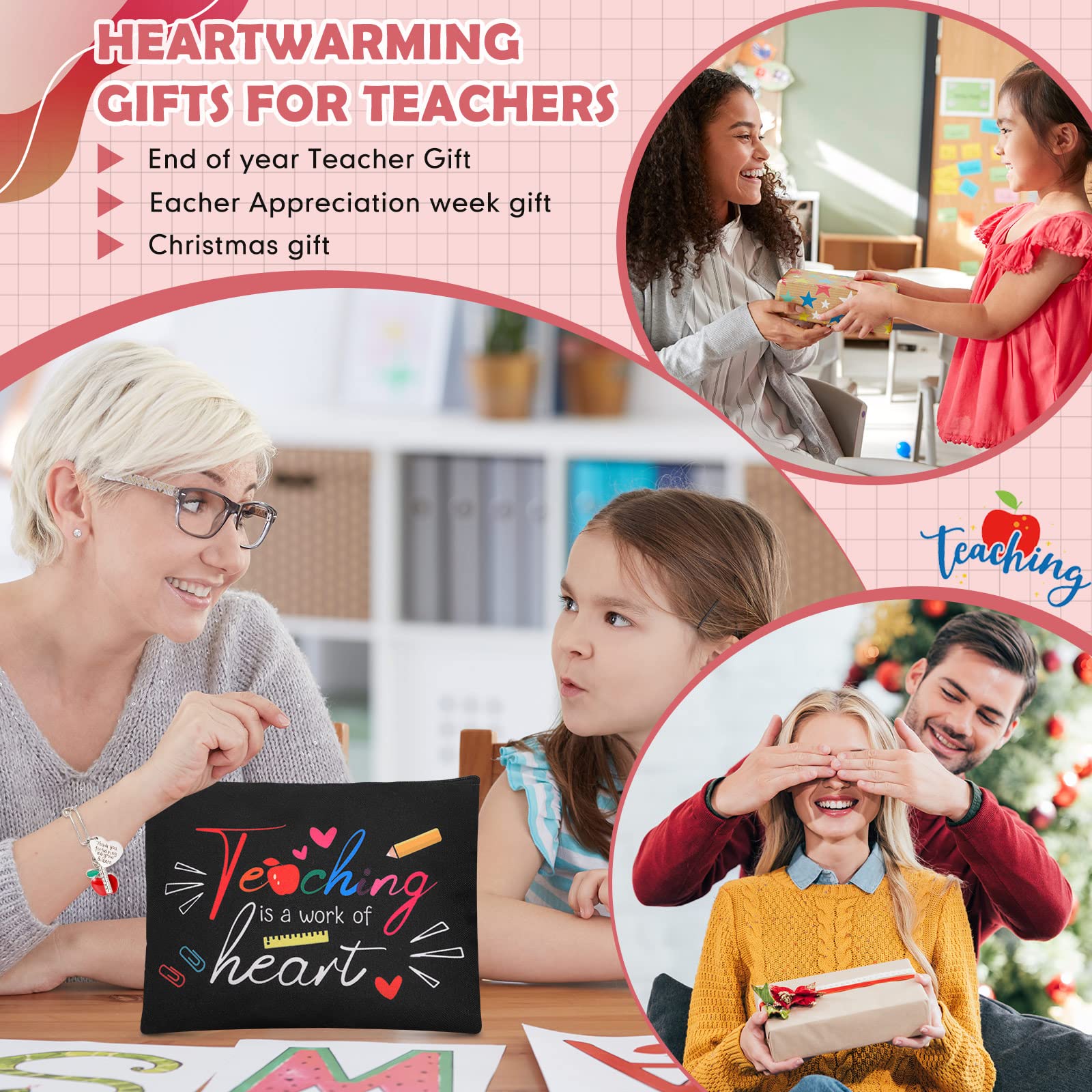 8 Pcs Teacher Gift Set - 4 Cosmetic Bags & 4 Bracelets for Women | Thank You Gifts for Christmas & Valentines | Classroom Appreciation