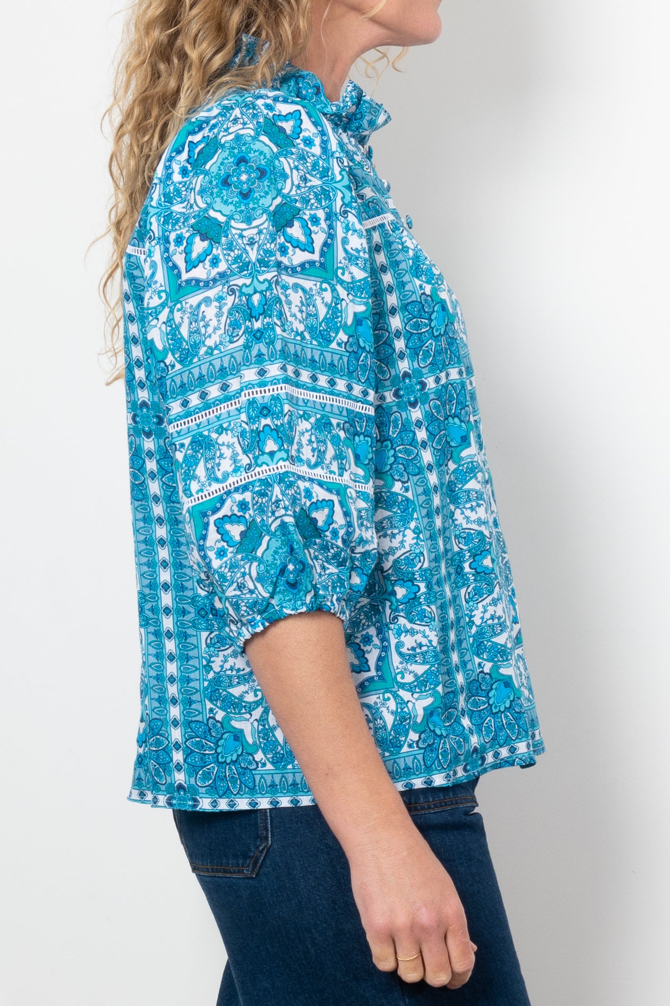 Zoe Kratzmann Wayfarer Top - Women's Fashion Blue Tile Print Blouse for Casual Wear, Office & Date Night Outfits