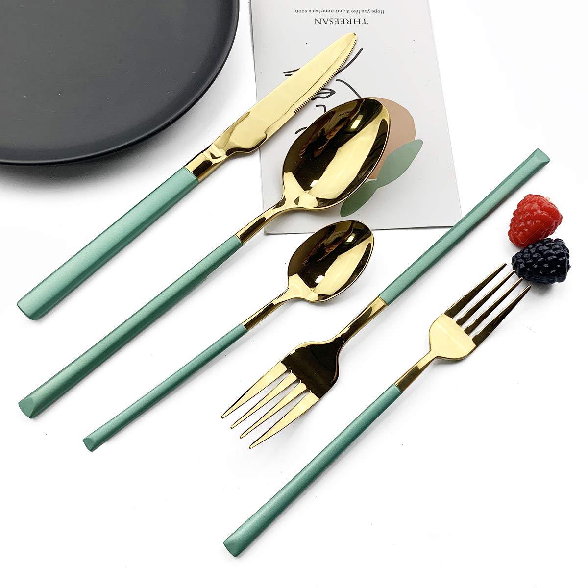 JASHII 5-Piece Modern Silverware Set - 18/10 Stainless Steel Elegant Flatware with Square Edge, Mirror Polished & Dishwasher Safe (Green Gold) - Perfect for Fine Dining, Wedding Gifts & Upscale Kitchen Utensils