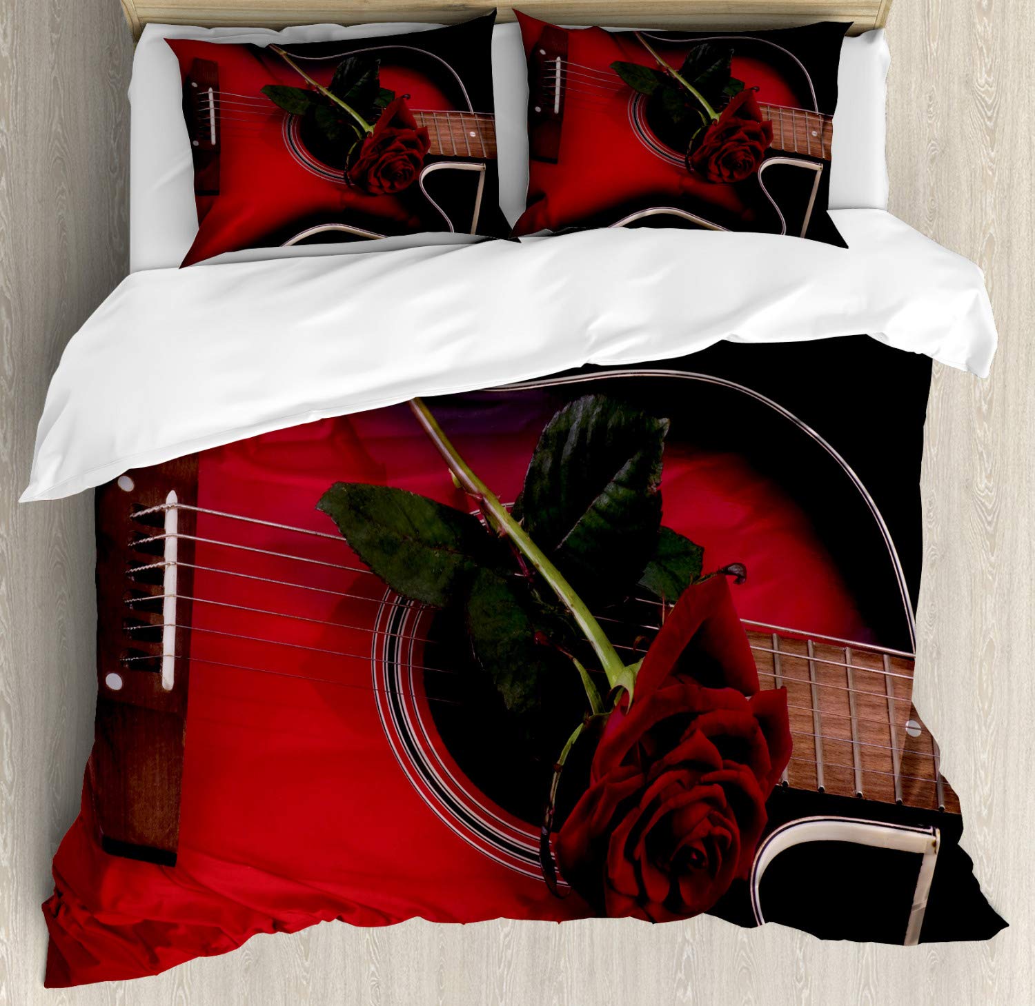 Ambesonne Abstract Duvet Cover Set - Spanish Musician & Portugal Guitar Design with Romantic Roses - 2-Piece Queen Size Bedding Set with 4 Pillowcases (White Ruby) - Perfect for Bohemian Bedrooms & Music Lovers' Home Decor