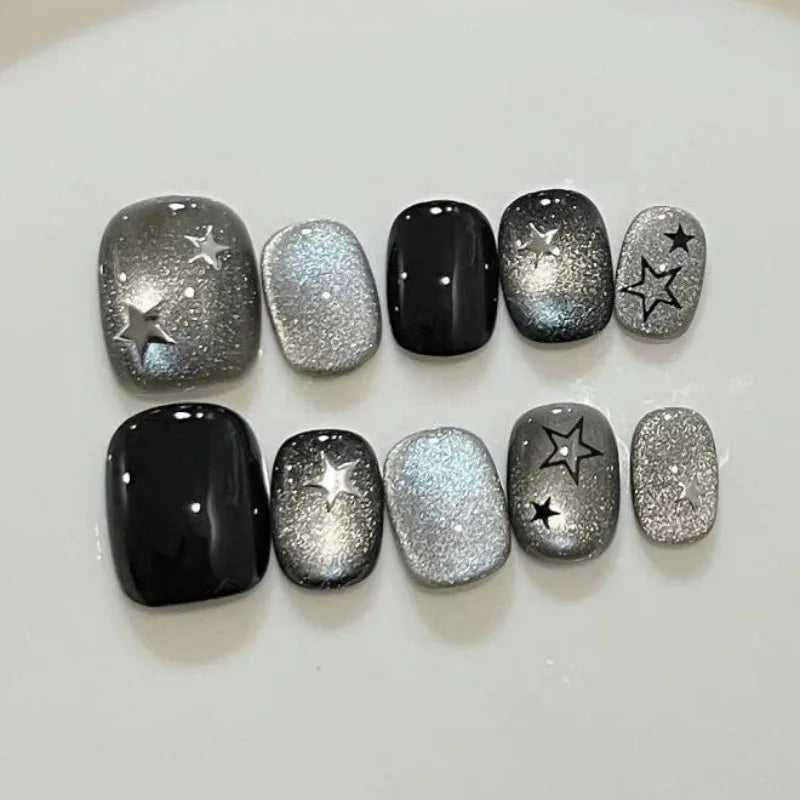10Pcs Black Cat Eye Press on Nails with Star Designs - Short Round Fake Nails for Women - Handmade Artificial Nails for Daily Wear, Parties & Special Occasions