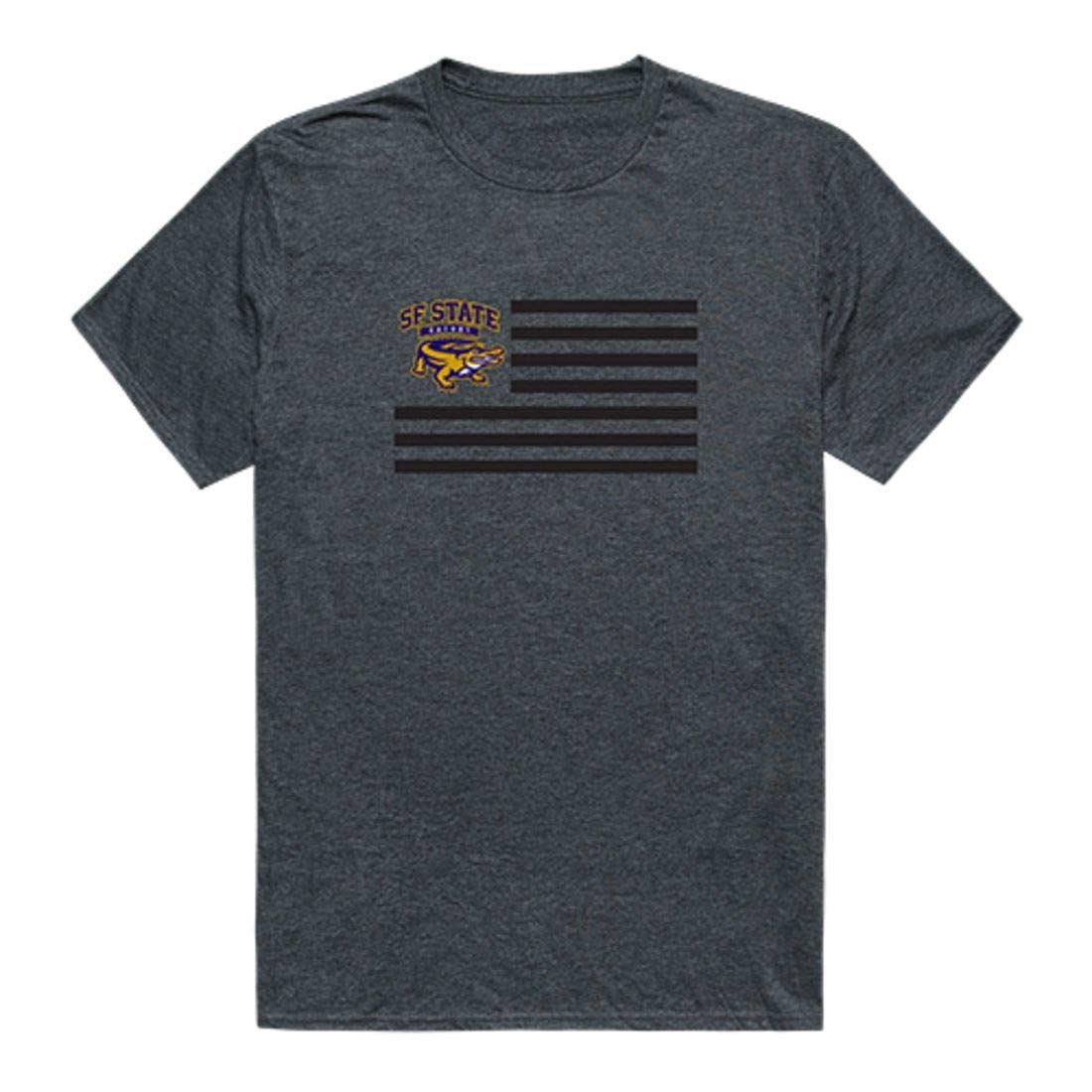 SFSU San Francisco State University Gators USA Flag Graphic Tee - Heather Charcoal Cotton T-Shirt for Men & Women | College Pride, Game Day Outfit, Casual Wear