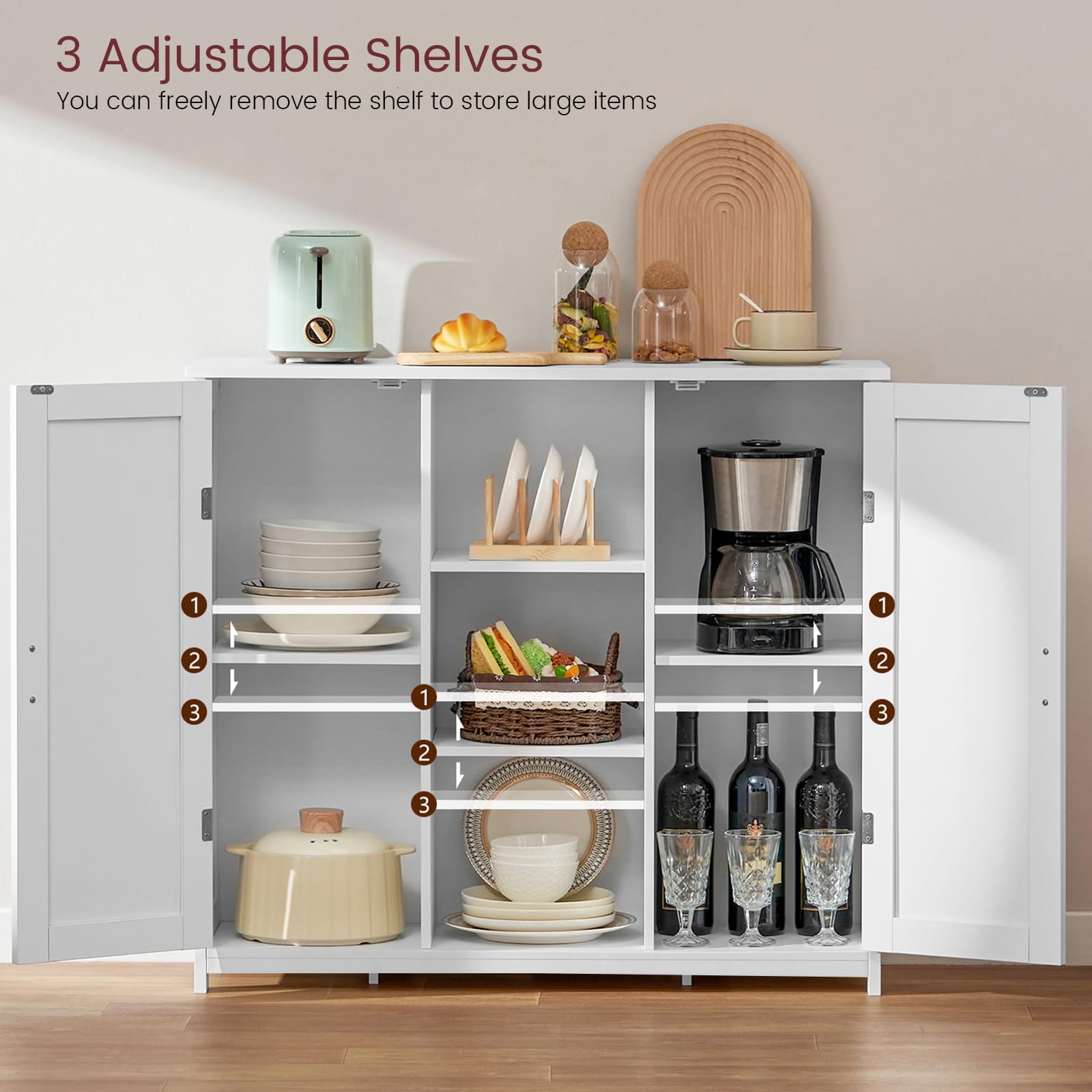 White Iwell 2-Door Storage Cabinet with 4 Adjustable Shelves - Modern Credenza Buffet Cabinet for Living Room, Bathroom, Entryway & Home Office - Perfect for Organizing Towels, Books & Home Decor