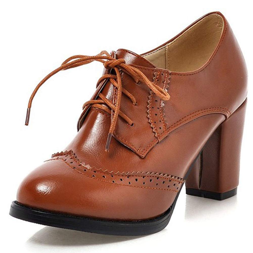 VIMISAOI Women's Vintage Oxford Shoes - Wingtip Lace-Up Chunky Heel Dress Pumps for Work, Office & Formal Occasions