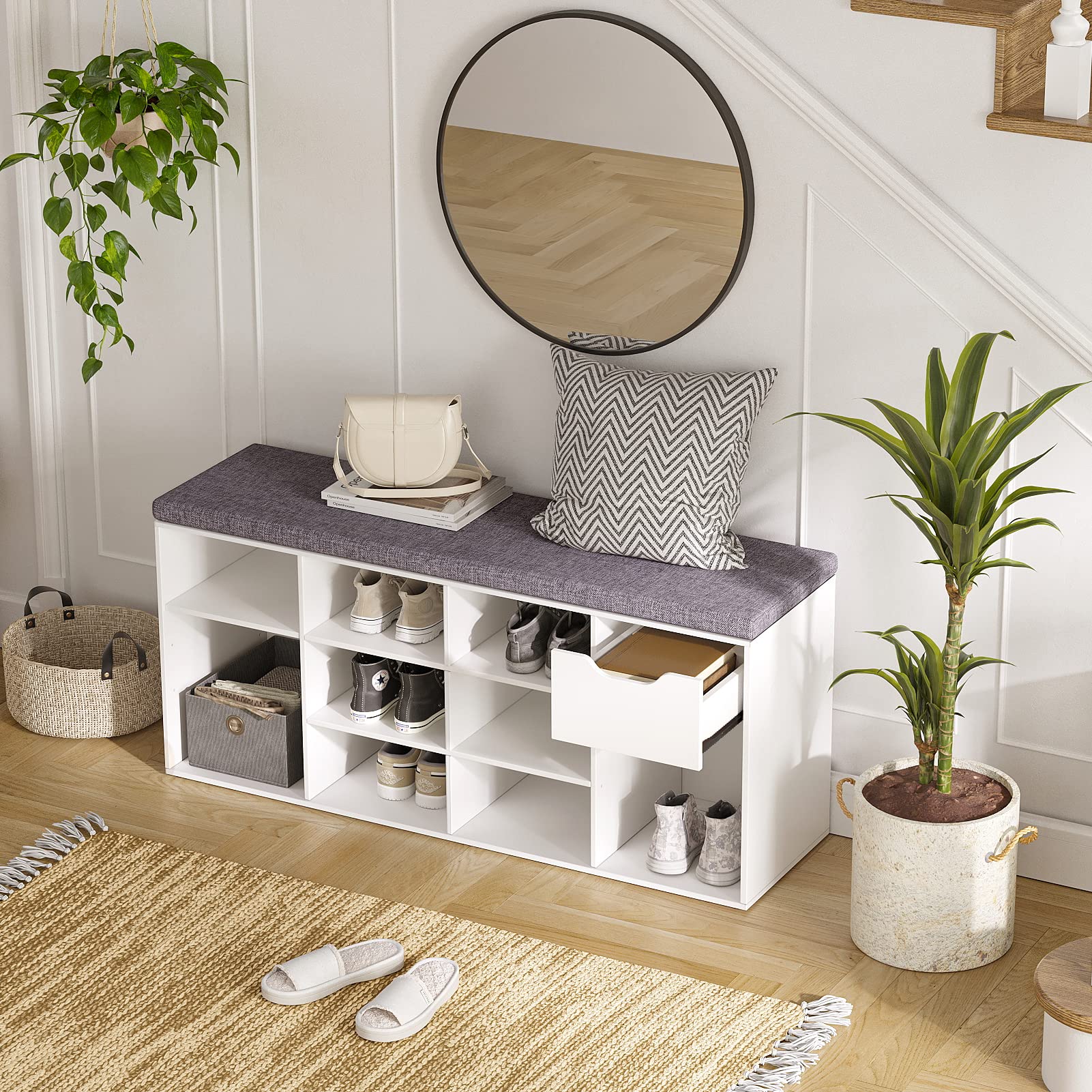 DINZI LVJ Shoe Bench with Drawer & 11 Cubbies - Adjustable Shelves Shoe Organizer Cabinet for Entryway, Living Room, Bedroom, Mudroom, Closet & Garage - White - Perfect for Small Space Organization & Shoe Storage Solutions