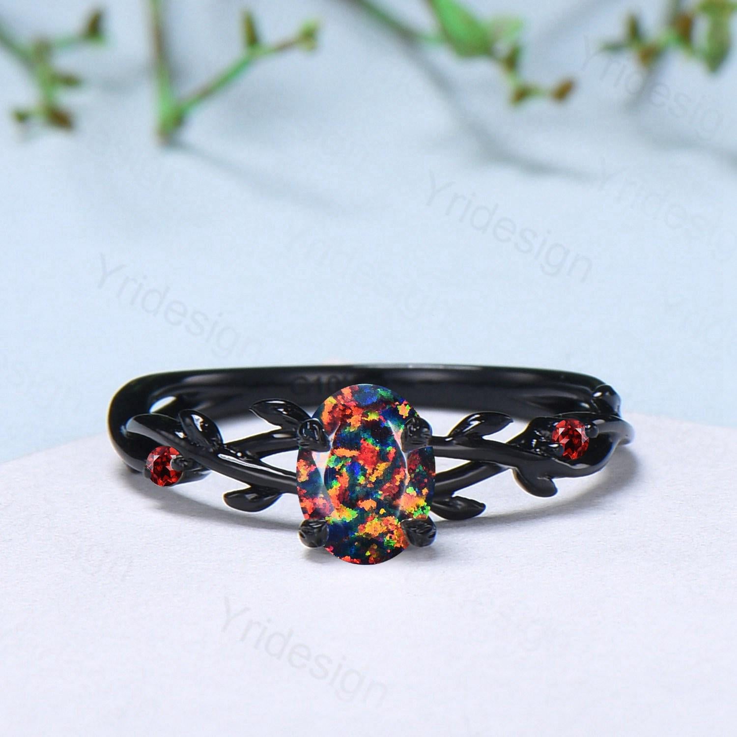 Black Gold Fire Opal Promise Ring - Nature Inspired Leaf Branch Design with Black Opal & Garnet - Gothic Engagement Ring, Wedding Band, Anniversary Gift for Her - Perfect for Boho, Vintage & Alternative Jewelry Lovers