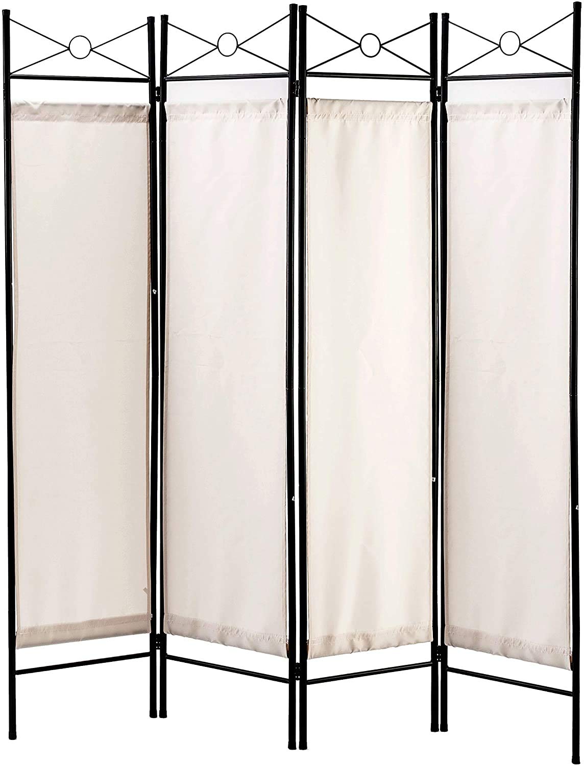 White Metal & Fabric Room Divider - 4 Panel Folding Screen for Home & Office