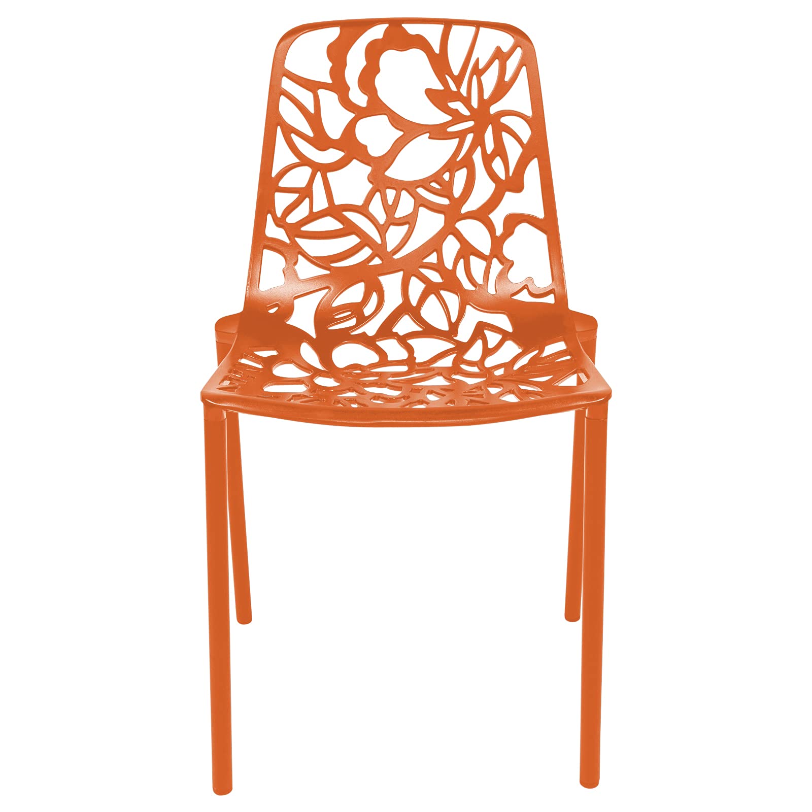 LeisureMod Aluminum Stackable Patio Chairs Set of 2 - Indoor/Outdoor Dining Side Chairs with Floral Cutout Design, Devon Collection in Orange - Perfect for Backyard, Garden, Poolside & Kitchen Use