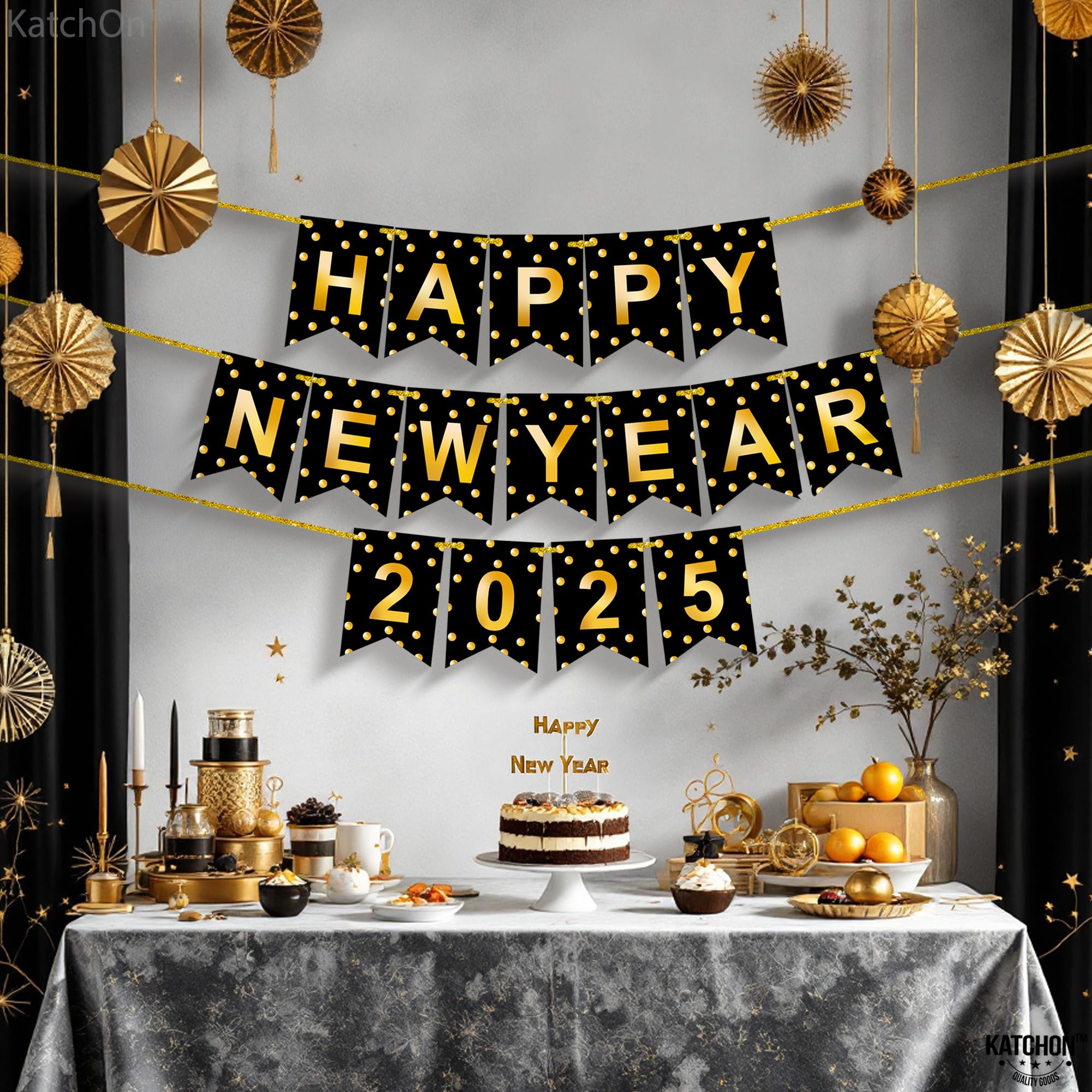 KatchOn 10 Feet Happy New Year Banner 2025 - No DIY New Year's Eve Party Decorations for Wall, Door & Home Celebration | NYE 2025 Party Supplies & Holiday Decor