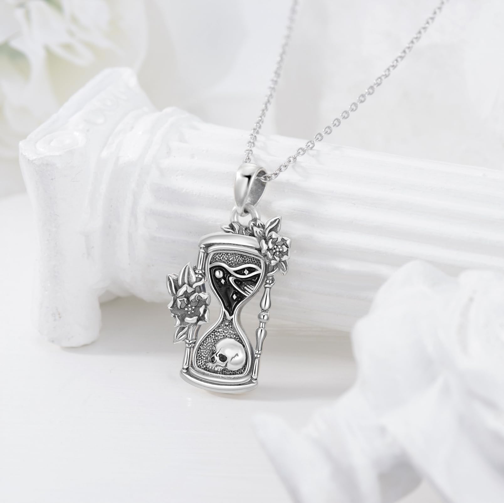 Sterling Silver Memento Mori Necklace with Skull & Hourglass Pendant - Gothic Jewelry for Women, Men | Perfect for Halloween, Dark Aesthetic Fashion & Everyday Wear