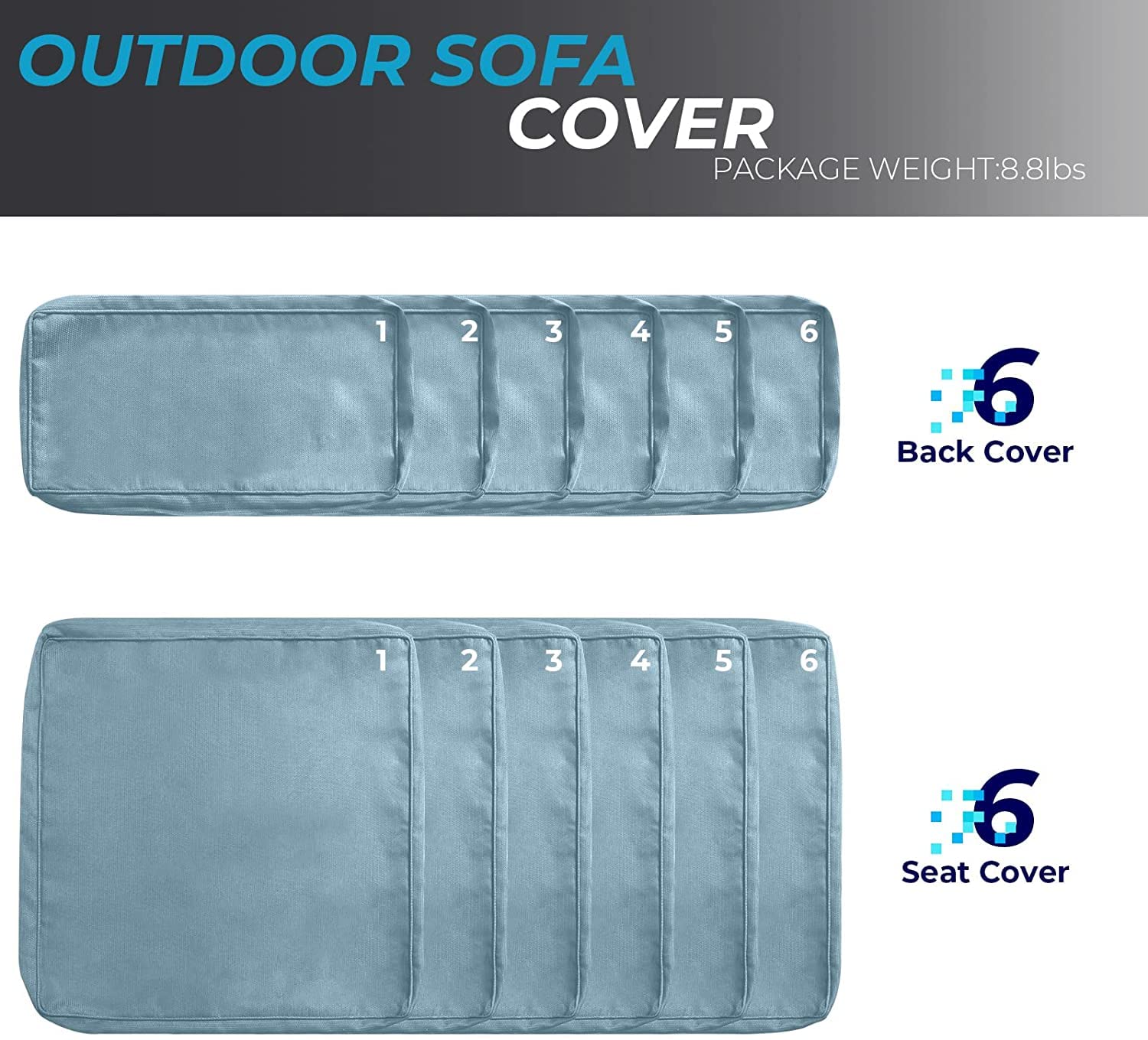 Premium 12-Piece Outdoor Cushion Covers Set - Waterproof Patio Furniture Slipcovers for Sofa & Couch (6 Seat + 6 Back Covers) with Durable Zipper Closure - Light Blue Replacement Cushion Covers for Deck, Poolside & Garden Lounge