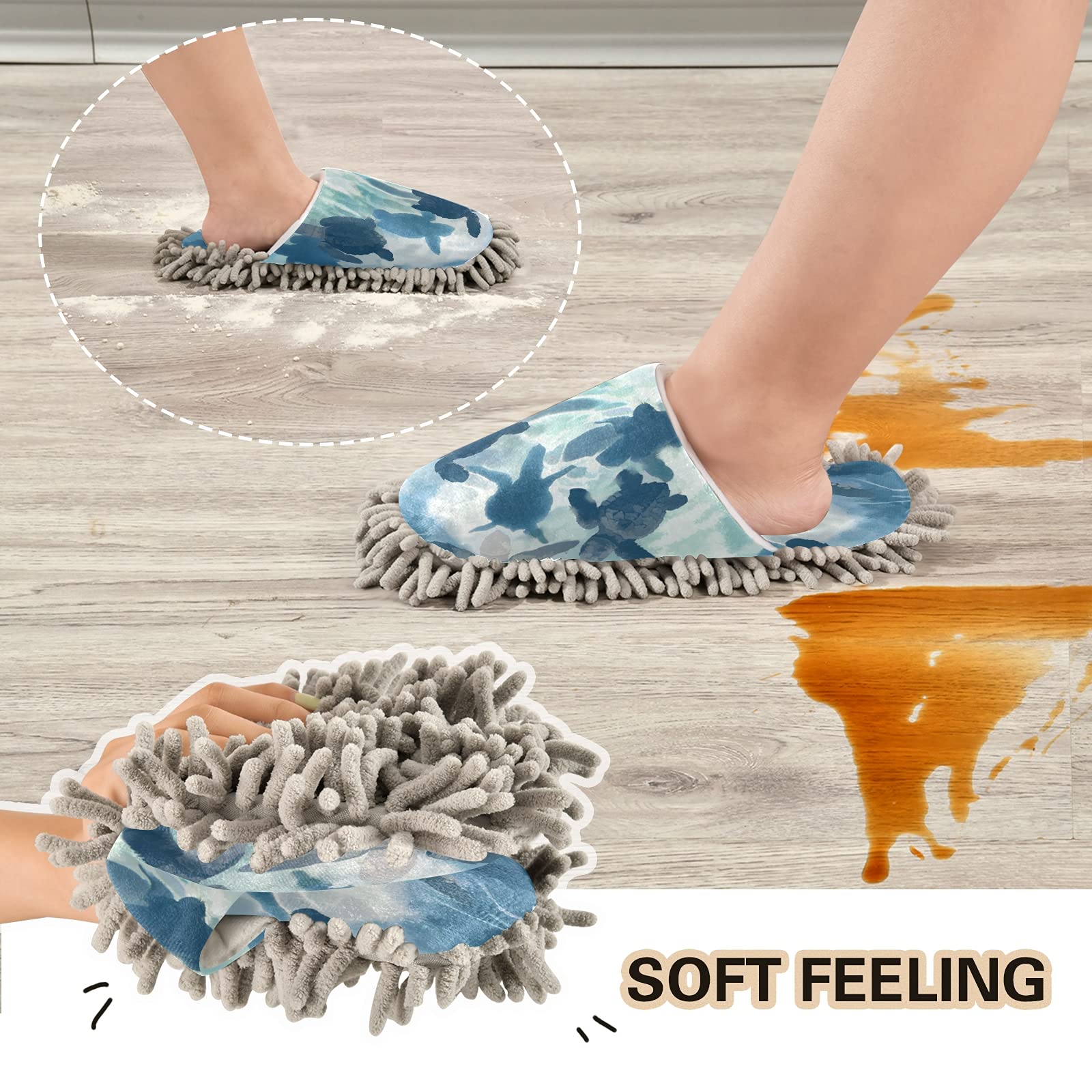 Blue Sea Turtle Mop Slippers - Animal Ocean Themed Spa & Cleaning House Shoes for Dusting - Comfortable Home Slippers for Men & Women - Perfect for Bathroom, Kitchen Cleaning and Relaxing at Home