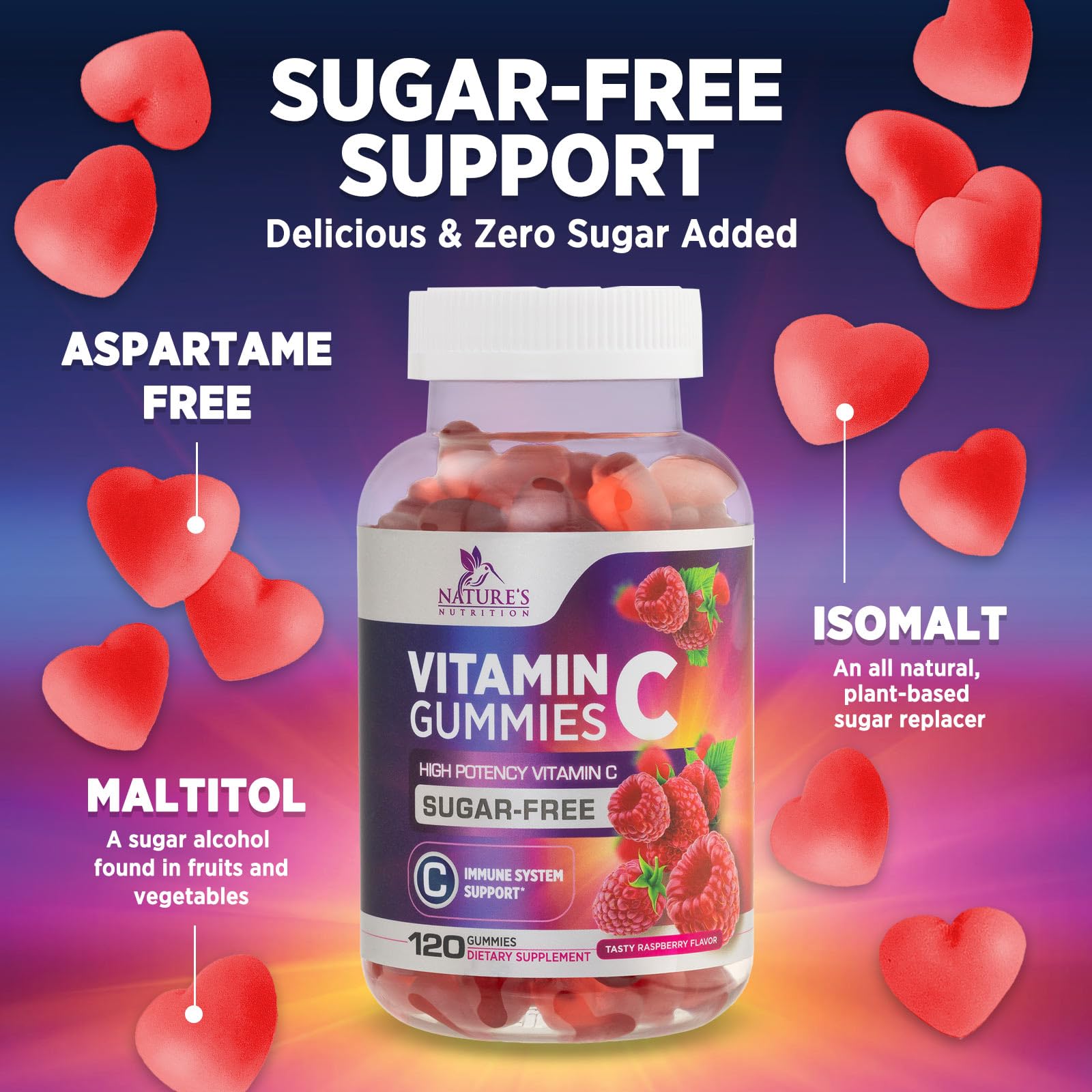 Zero Sugar Vitamin C Gummies for Immune Support - Antioxidant Rich Vitamin C Supplement - Vegan, Non-GMO, Gluten & Dairy Free - Delicious Raspberry Flavor for Kids & Adults - 120 Count - Perfect for Daily Immunity Boost & Healthy Lifestyle