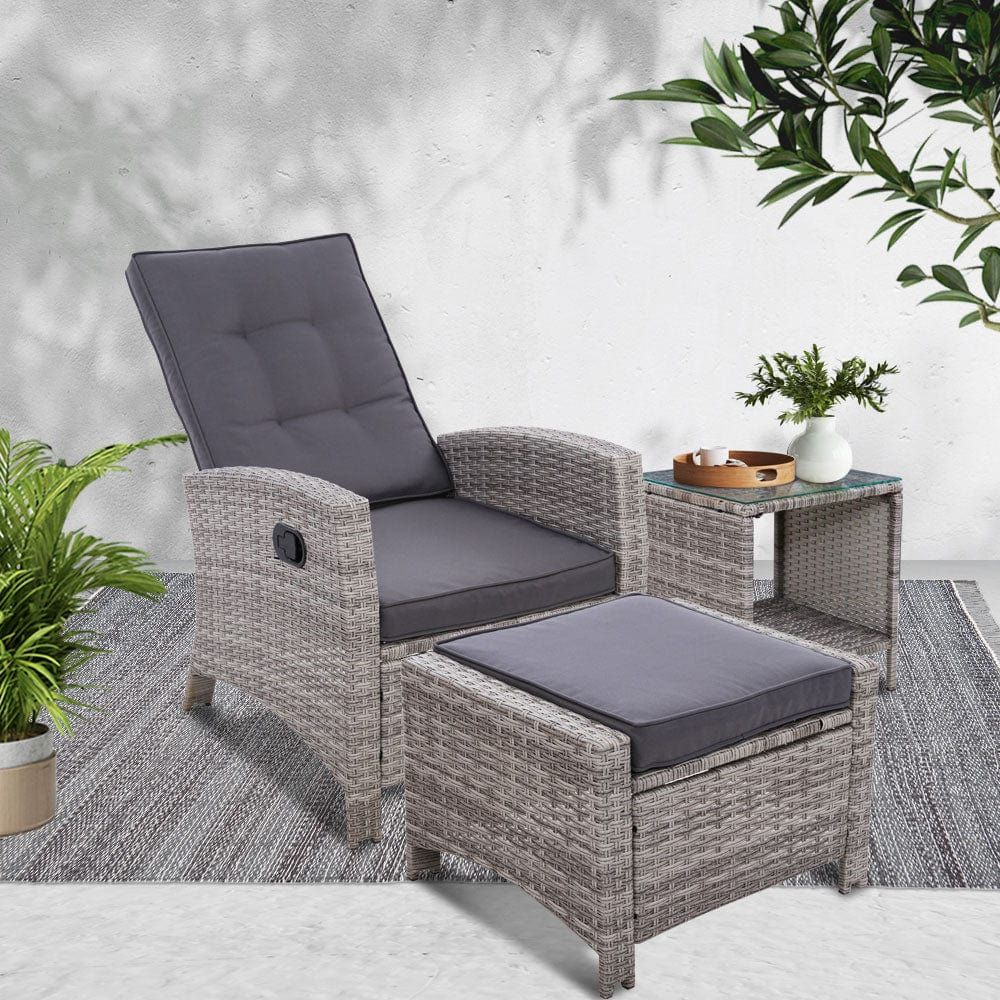 Gardeon Outdoor Patio Furniture Set - Wicker Recliner Lounge Chair with Side Table - Grey Rattan Garden Seating for Backyard, Poolside & Balcony Relaxation