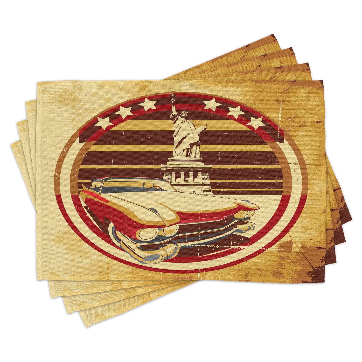 Ambesonne Vintage Car Placemats Set of 4 - Washable Fabric Dining Table Mats with American Liberty Design for Kitchen & Dining Room Decor | Perfect for Family Dinners, Parties & Retro-Themed Events