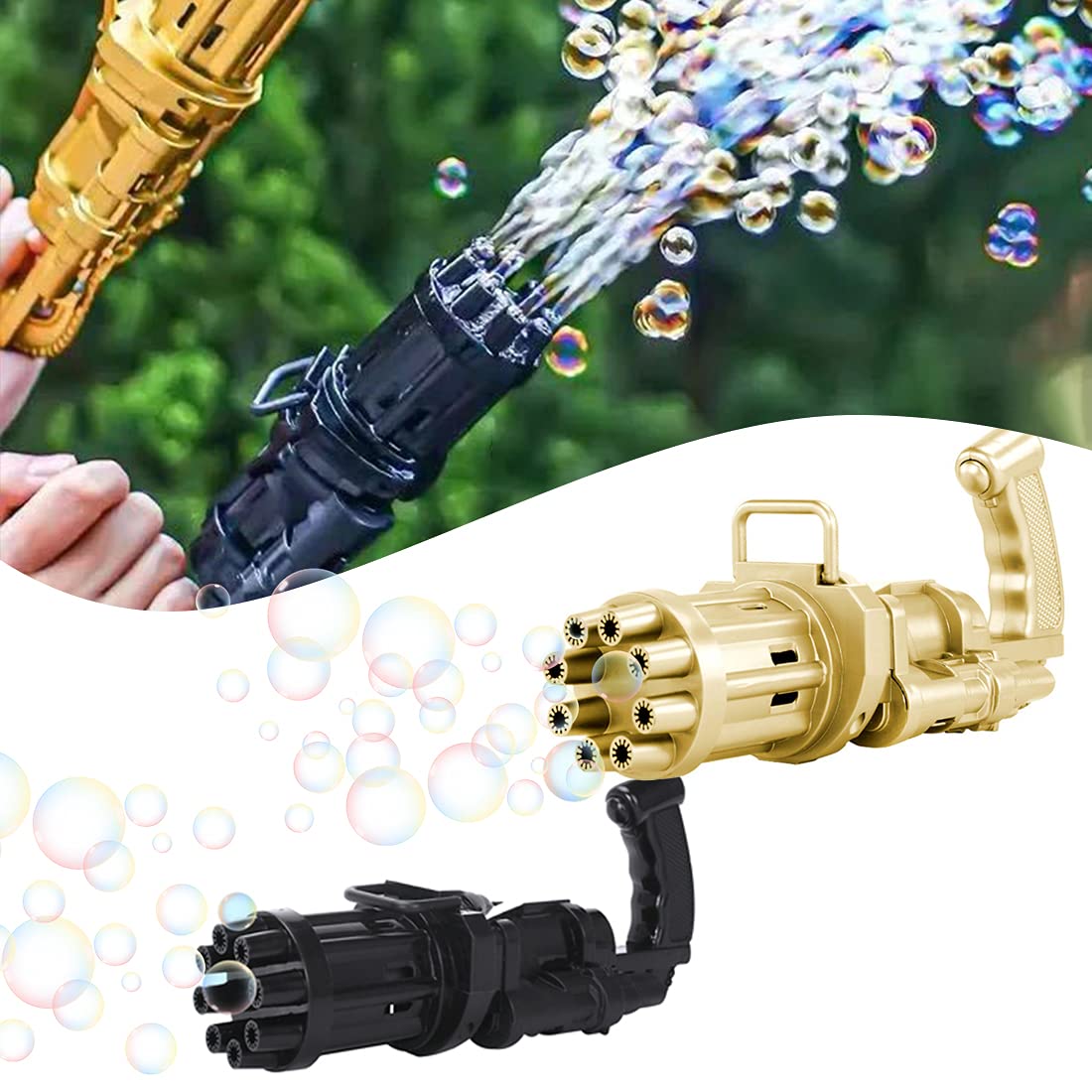 2 Pack Automatic Bubble Blower Gun for Kids - 8 Holes Bubble Machine with Huge Bubble Output, Outdoor Party Toys for Boys & Girls (Black + Gold) | Perfect for Birthday Parties, Backyard Fun & Summer Outdoor Activities