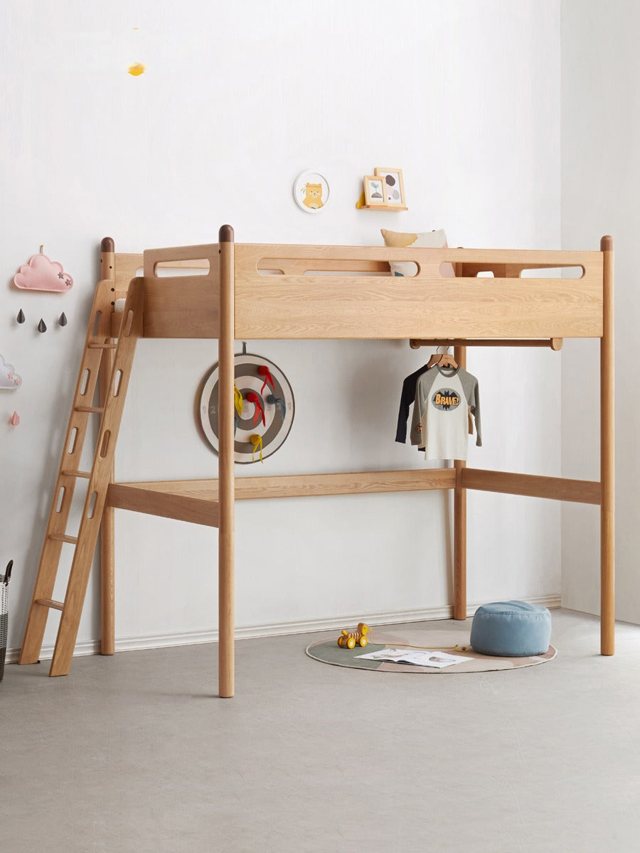 Solid Oak Wood Loft Bed with Storage Cabinet - Space-Saving Furniture for Small Rooms, Kids Bedroom & Dormitory