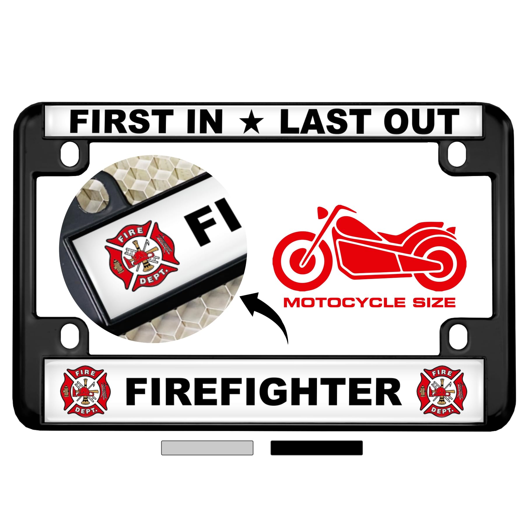 Black Firefighter Design Metal Motorcycle License Plate Frame - Durable & Stylish for Harley, Honda, Kawasaki - Perfect for Bikers, First Responders & Patriotic Riders