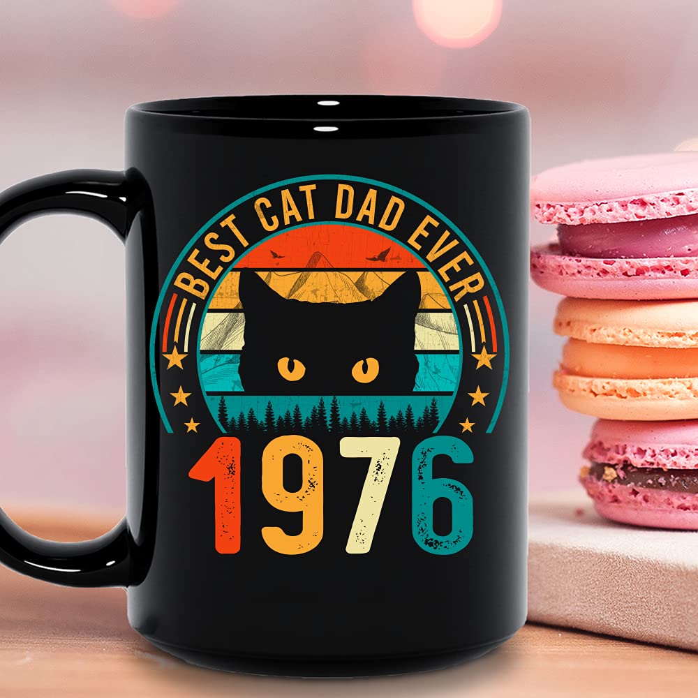 Best Cat Dad Ever Vintage Mug - Born in 1976 Funny Cat Lover Coffee Cup - 15oz Ceramic Black Cat Mug for Father's Day Gift - Perfect for Coffee, Tea & Office Use