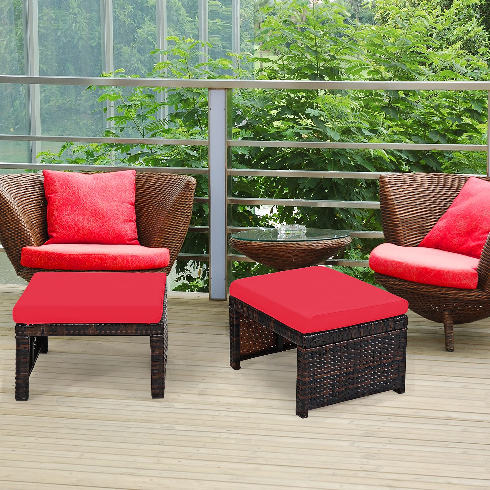 DORTALA 2-Piece Outdoor Wicker Ottoman Set with Cushions - PE Rattan Footrest Stool for Patio, Garden, Poolside, Living Room - Perfect for Relaxing, Lounging & Decor (Red)