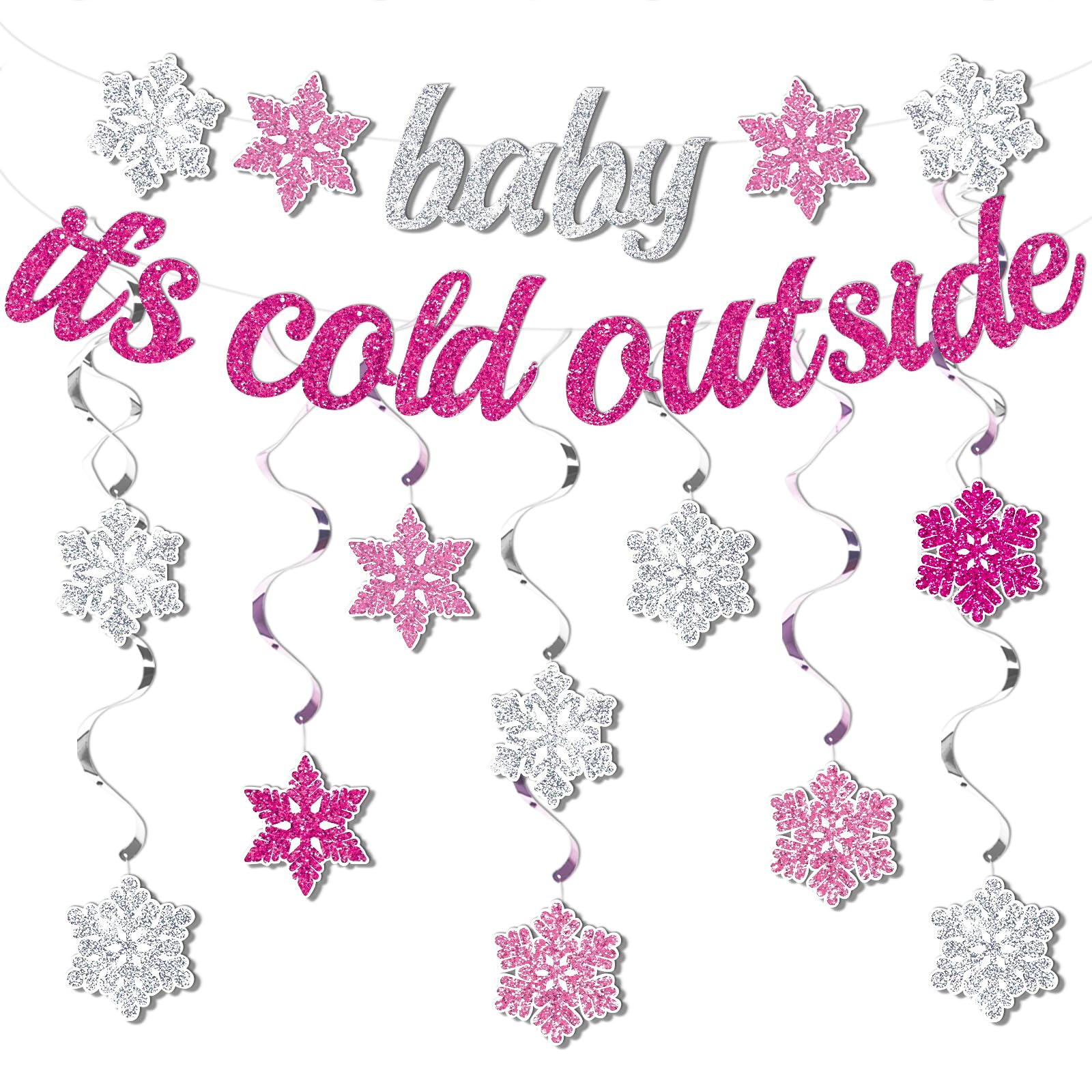 Pink 'Baby It's Cold Outside' Winter Banner - Glitter Silver Snowflake Hanging Decor for Girls Birthday Party, Christmas & Baby Shower Supplies | Festive Seasonal Home & Event Decoration