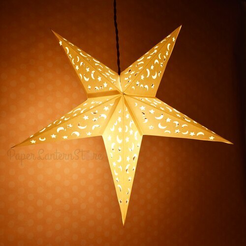 3 Pack White Moon and Stars 24 LED Paper Star Lanterns - Hanging Party Decorations for Bedroom, Wedding, Baby Shower & Outdoor Events