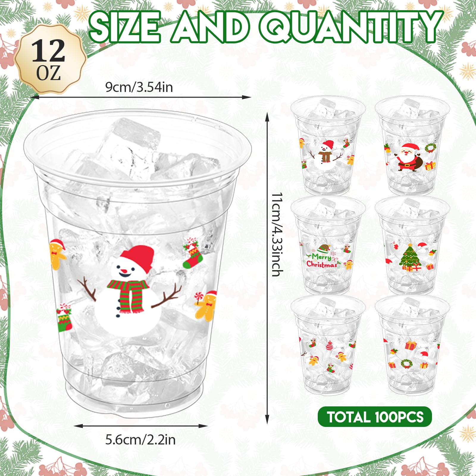 100 Pcs 12oz Clear Christmas Disposable Plastic Cups - Merry Holiday Party Supplies for Xmas Celebrations, Office Parties & Family Gatherings