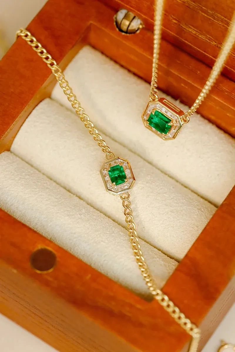 18K Yellow Gold Bracelet for Women with Real Diamonds & Natural Emerald - T Shape Cuban Chain Design Jewelry Set (Bracelet & Necklace) | Perfect for Weddings, Anniversaries, and Special Occasions