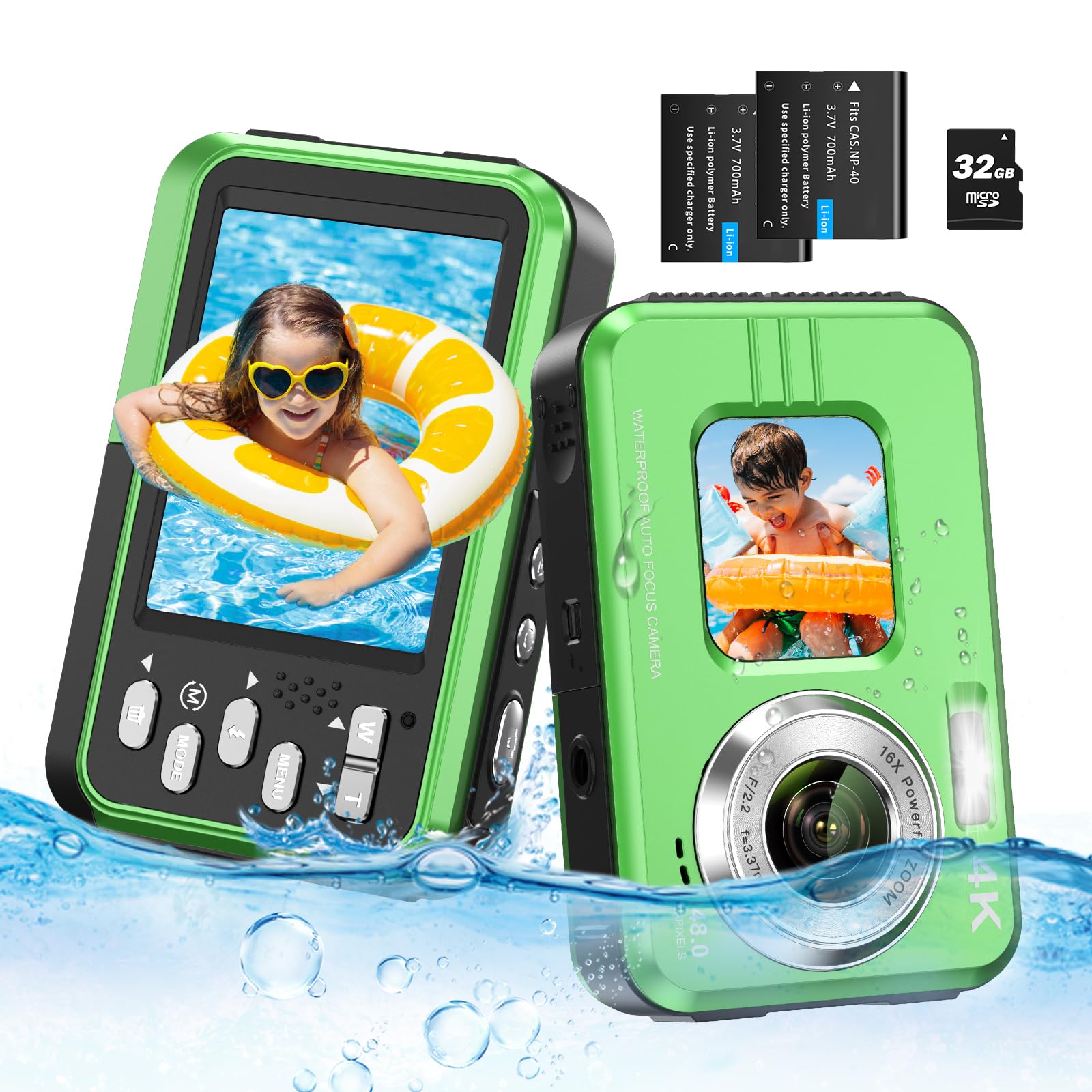 4K Waterproof Underwater Camera - 48MP Autofocus, 16X Zoom, Dual Screens for Selfie - 11FT Snorkeling & Diving - Compact Digital Camera with 2 Batteries (Green) - Perfect for Beach Vacations, Pool Parties & Underwater Photography