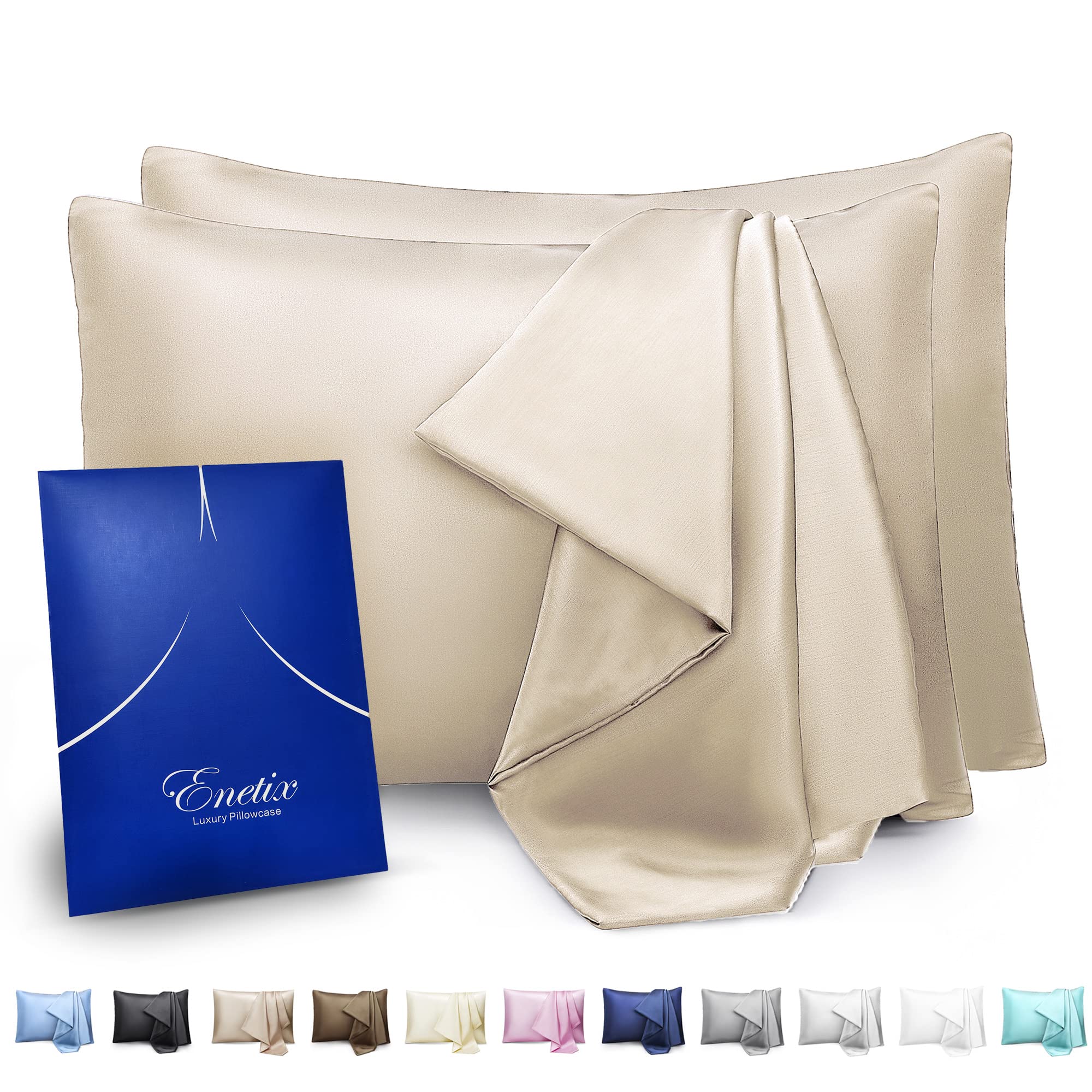 ENETIX Silk Satin Pillowcase for Hair and Skin Care - 2 Pack with Hidden Zipper, Hypoallergenic & Acne-Free Standard Size (50×70cm) Champagne - Perfect for Beauty Sleep, Travel & Sensitive Skin