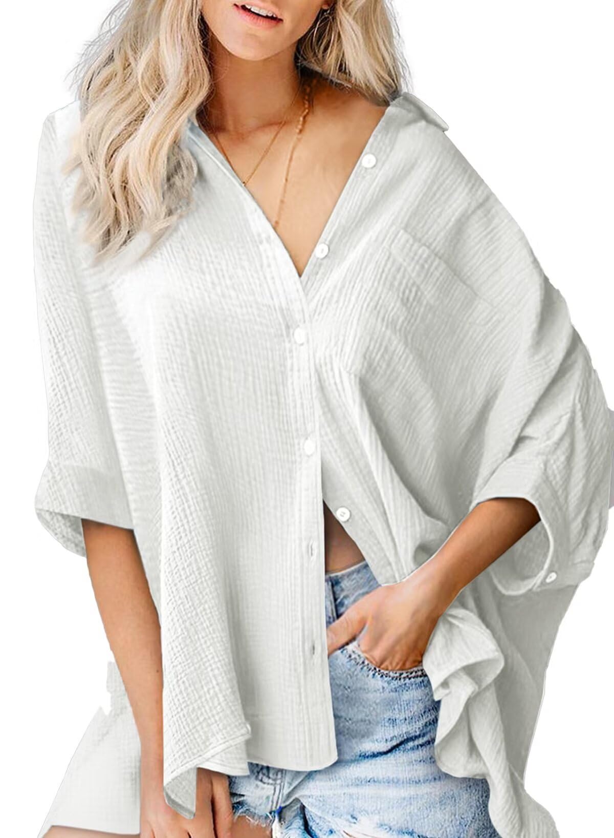 Stylish Women's Oversized Button Down Shirts - 3/4 Sleeve V-Neck Blouse with Textured Fabric for Casual Workwear & Weekend Outfits