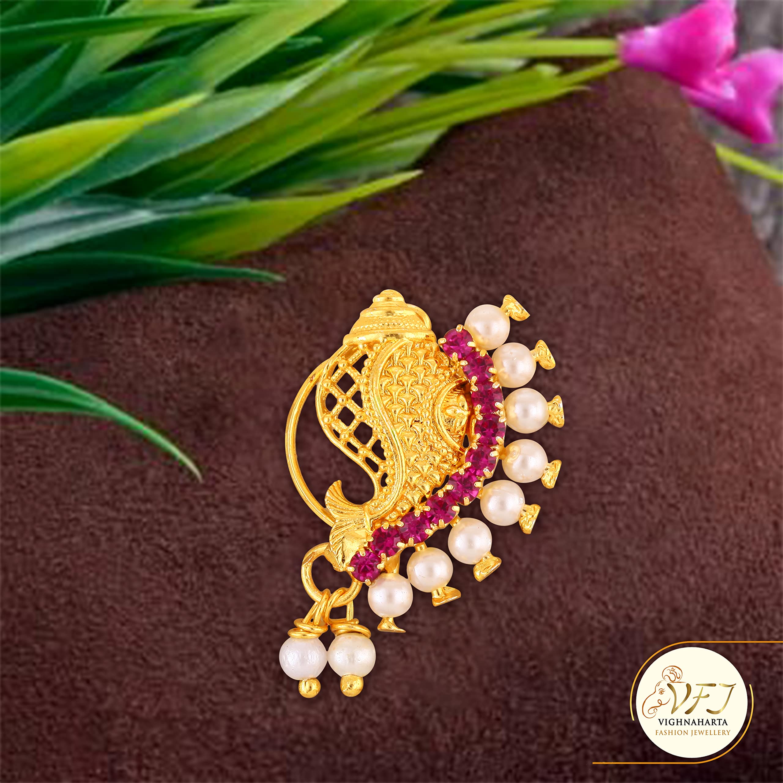 Vighnaharta Gold Plated Peacock Design Nose Ring with Pearl & Artificial Stones - Traditional Maharashtrian Nath Nathiya Jewelry - Valentine's Day Gift for Her/Him, Women's Ethnic Nose Pin [VFJ1213NTH-Press-Pink] | Perfect for Weddings, Festivals & Cultural Events