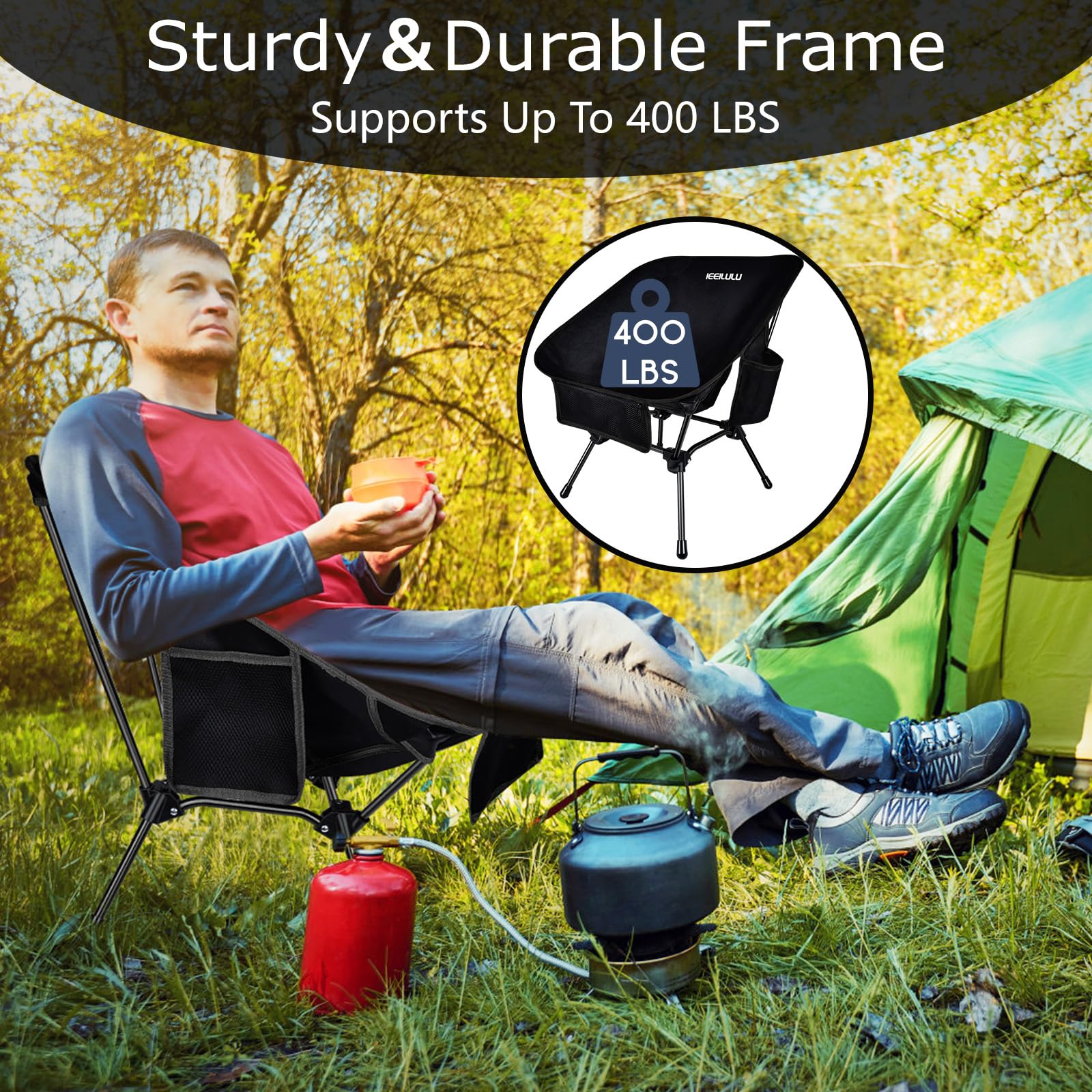 Ultralight Foldable Camping Chair with 3 Side Pockets - Portable Folding Chair for Outdoor, Beach, Picnic & Travel - Sturdy Back Support for Camping, Backpacking, and Tailgating