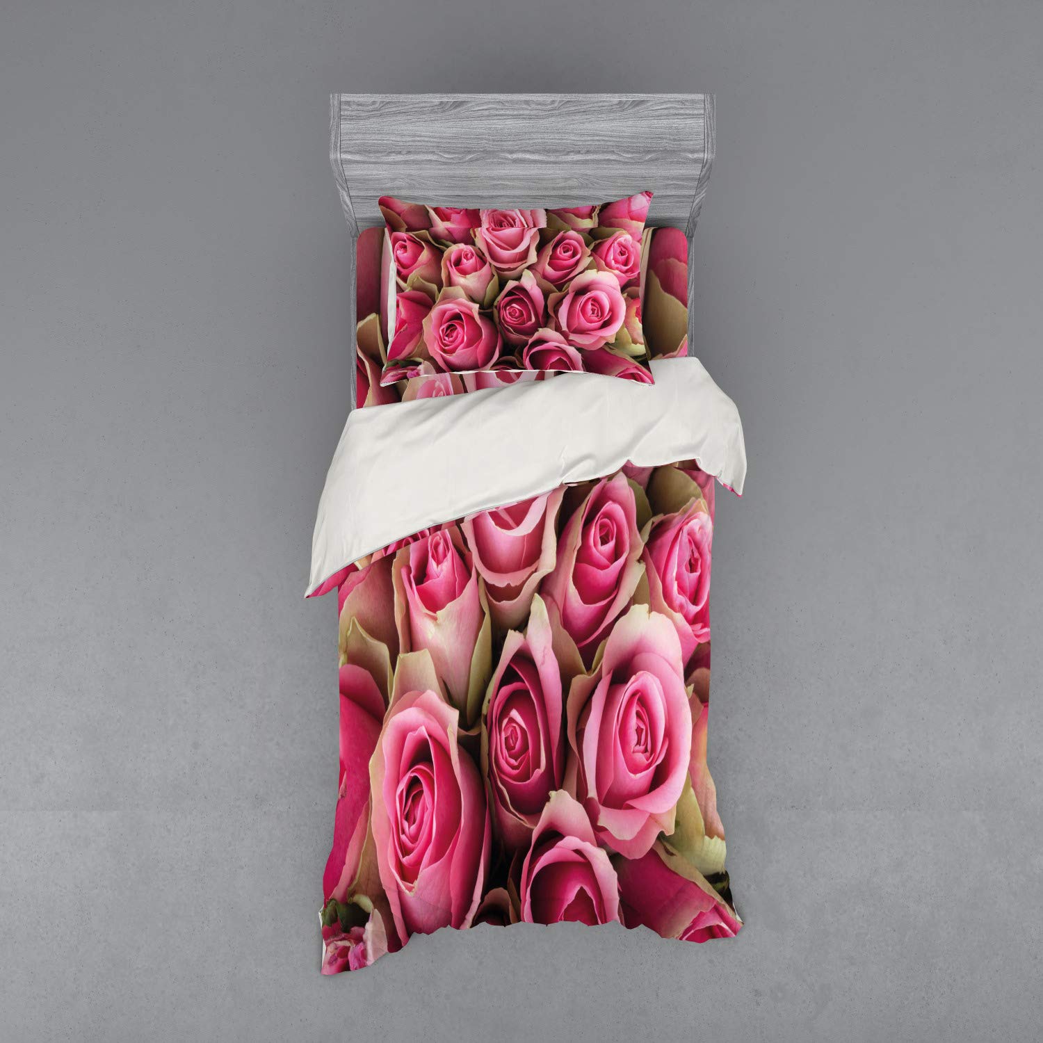 Ambesonne Rose Floral Bedding Set - 3 Piece Duvet Cover with Sham & Fitted Sheet, Twin Size, Soft Pink & Pale Green - Romantic Valentine's Day Gift, Bridal Bouquet Design for Bedroom Decor, Perfect for Master Bedroom, Guest Room & Dorm