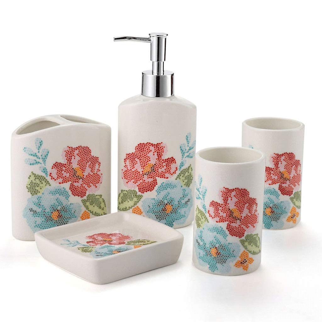 5-Piece Ceramic Bathroom Accessories Set - Cracked Glaze Soap Dispenser, Toothbrush Holder & More | Elegant Floral Design for Kitchen & Bathroom Decor | Perfect for Modern Home, Guest Bath, Spa Style Vanity