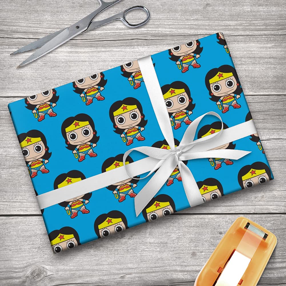 Wonder Woman Chibi Gift Wrap Paper Roll - Cute Superhero Wrapping Paper for Birthday, Christmas, Party Gifts - Perfect for Comic Fans & DC Collectors