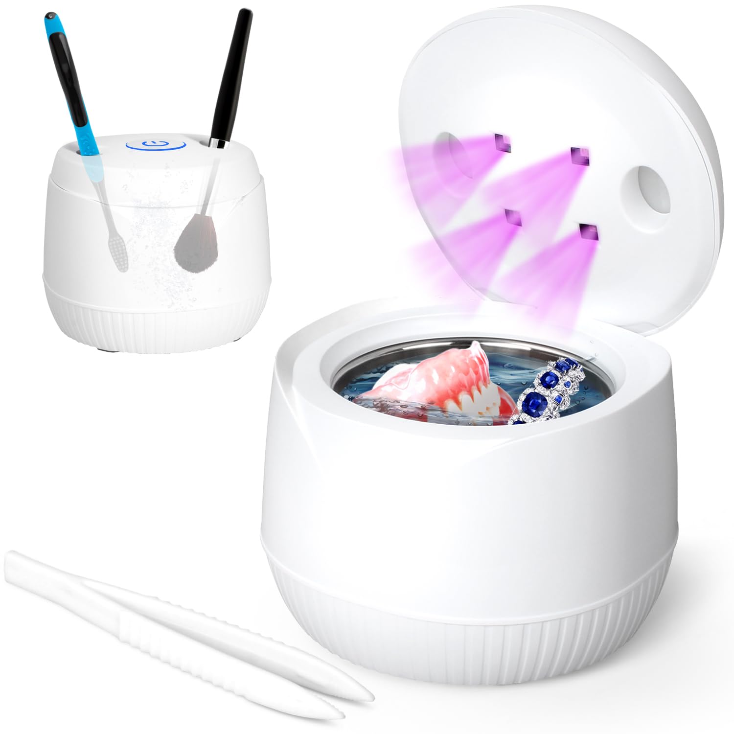 Ultrasonic Cleaner for Dentures & Jewelry - 45kHz Portable U-V Cleaning Machine for Aligners, Watch Bands & Makeup Brushes - Stainless Steel Design