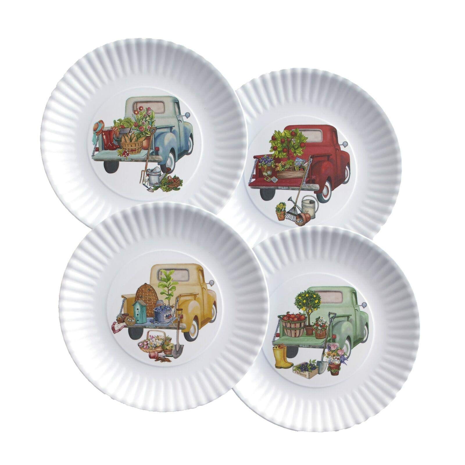 Melamine Floral Truck Dinner and Salad Plates - Set of 4 White Serving Dishes for Picnics, BBQs, and Outdoor Dining | Durable and Lightweight Dinnerware
